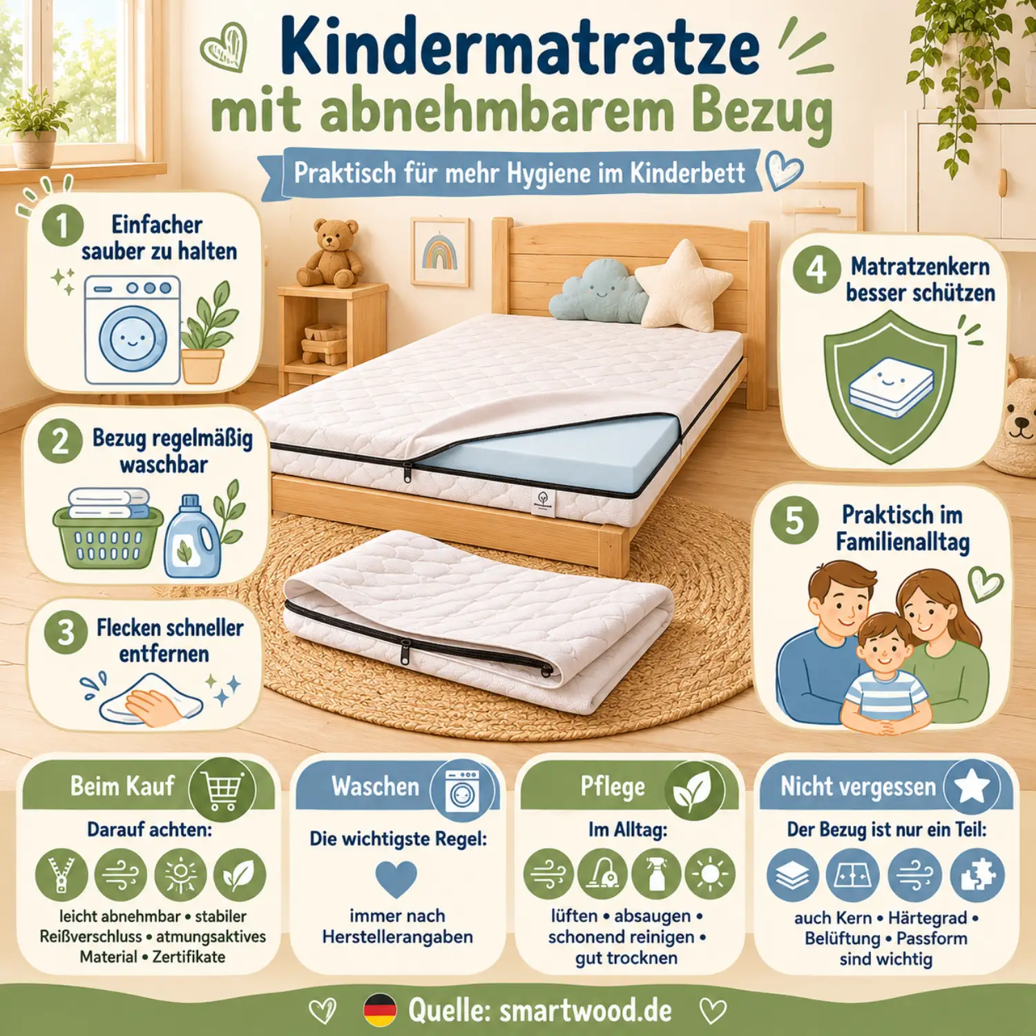 Infografik: Kindermatratze mit abnehmbarem Bezug - waschbar, Flecken schneller entfernen und Matratzenkern besser schützen.