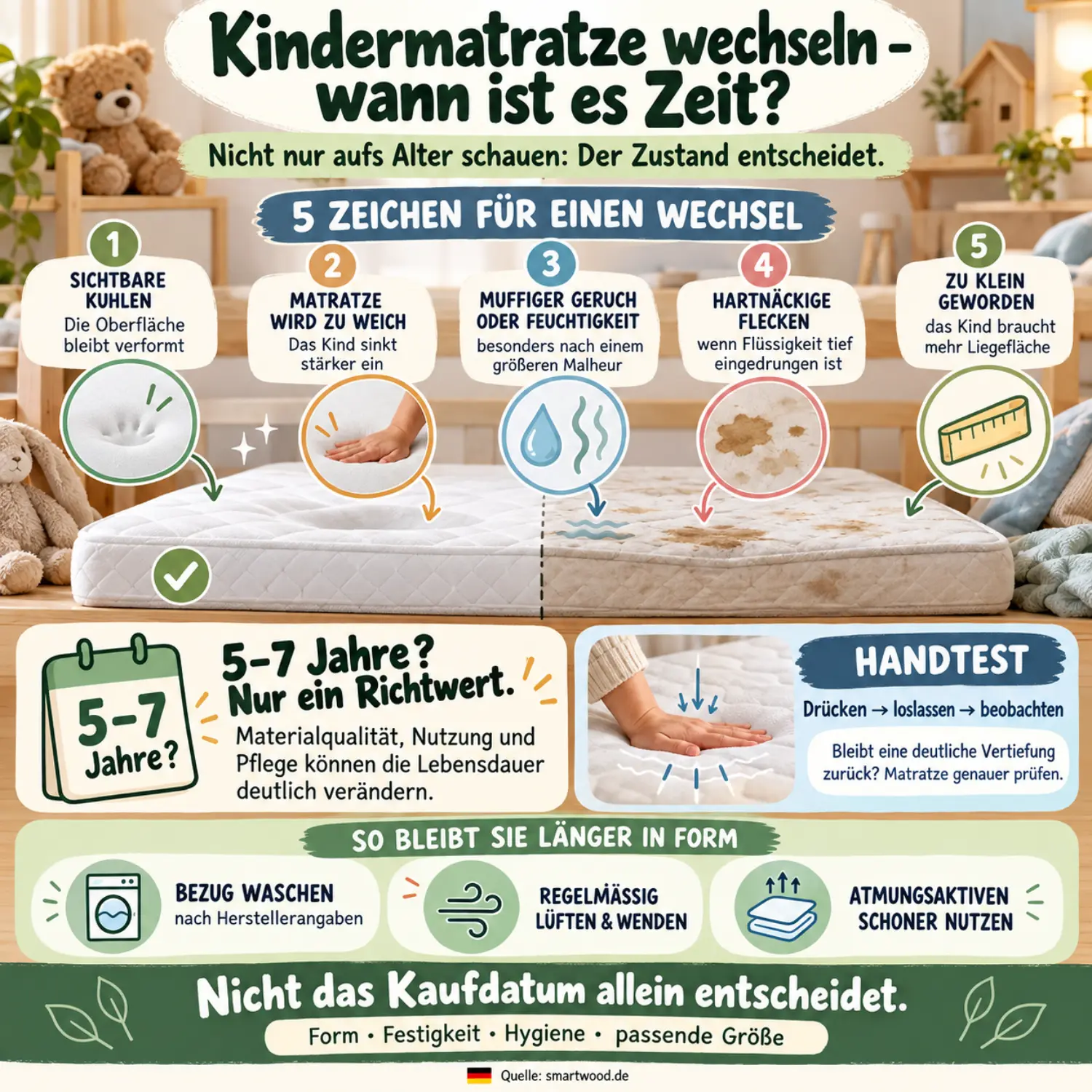 Infografik: fünf Zeichen für den Matratzenwechsel - Kuhlen, zu weiche Liegefläche, Geruch, Flecken und zu wenig Liegefläche, plus Handtest.
