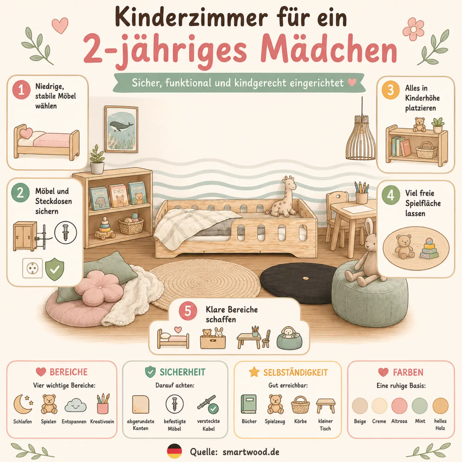 Infografik: Kinderzimmer für ein 2-jähriges Mädchen - niedrige Möbel, gesicherte Steckdosen, alles in Kinderhöhe und freie Spielfläche.