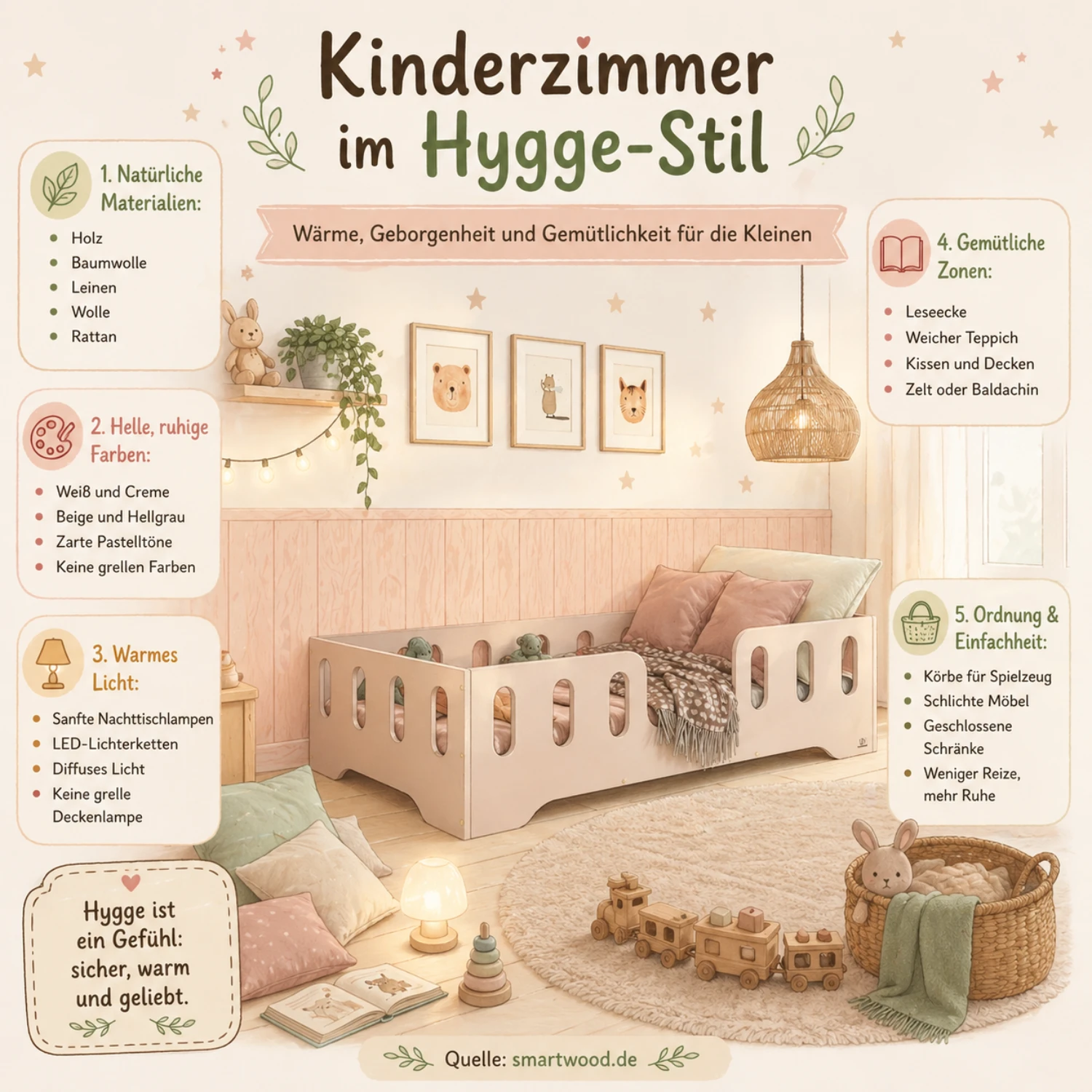 Smartwood-Infografik - Kinderzimmer im Hygge-Stil: natürliche Materialien, ruhige Farben, warmes Licht und gemütliche Zonen für die Kleinen.
