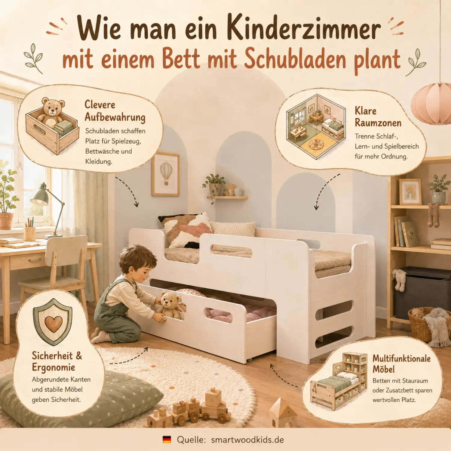 Smartwood-Infografik - Kinderzimmer mit einem Bett mit Schubladen planen: clevere Aufbewahrung, klare Raumzonen und multifunktionale Möbel.