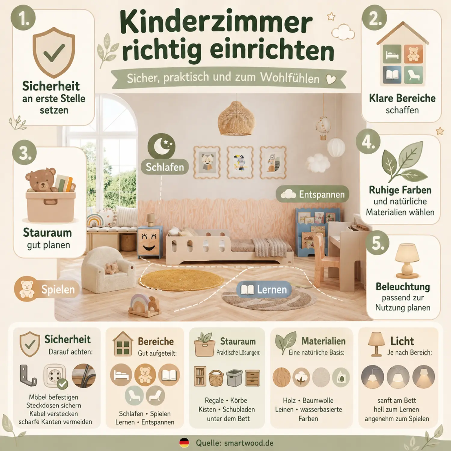 Infografik: Kinderzimmer richtig einrichten - Sicherheit, klare Bereiche, Stauraum, ruhige Farben und passende Beleuchtung.