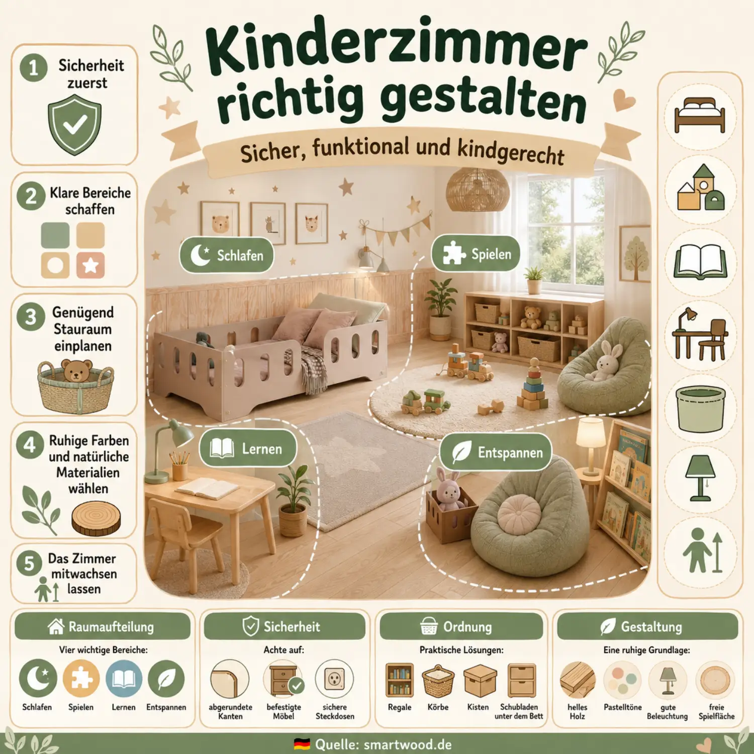 Infografik: Kinderzimmer richtig gestalten - Bereiche zum Schlafen, Spielen, Lernen und Entspannen mit Stauraum und Naturmaterialien.
