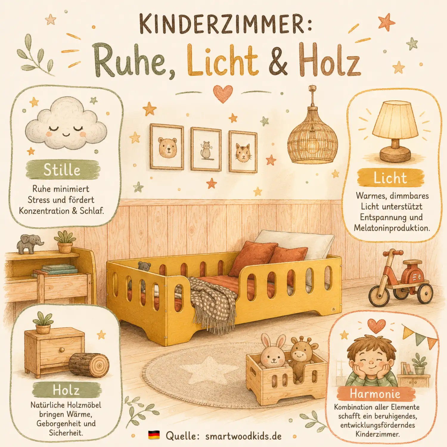 Infografik: Ruhe, Licht und Holz als drei Säulen für Konzentration, gesunden Schlaf und Geborgenheit im Kinderzimmer.