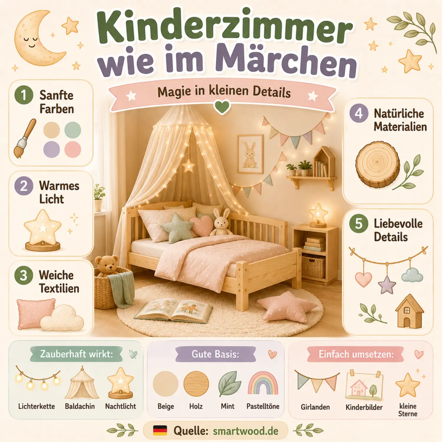 Infografik: Kinderzimmer wie im Märchen - sanfte Farben, warmes Licht, weiche Textilien, natürliche Materialien und liebevolle Details.