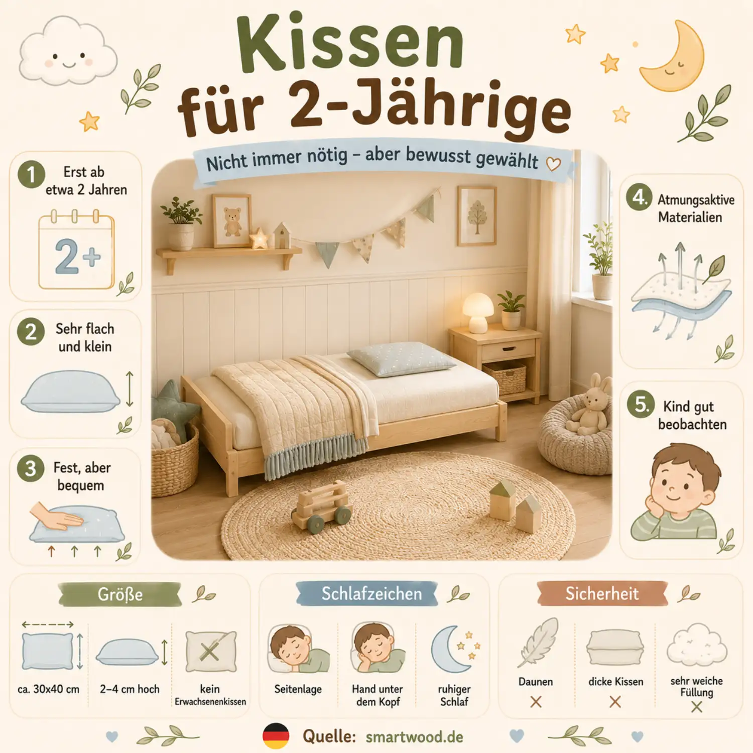 Infografik: Kissen für 2-Jährige - erst ab etwa 2 Jahren, sehr flach und klein, fest, atmungsaktiv und gut beobachtet.