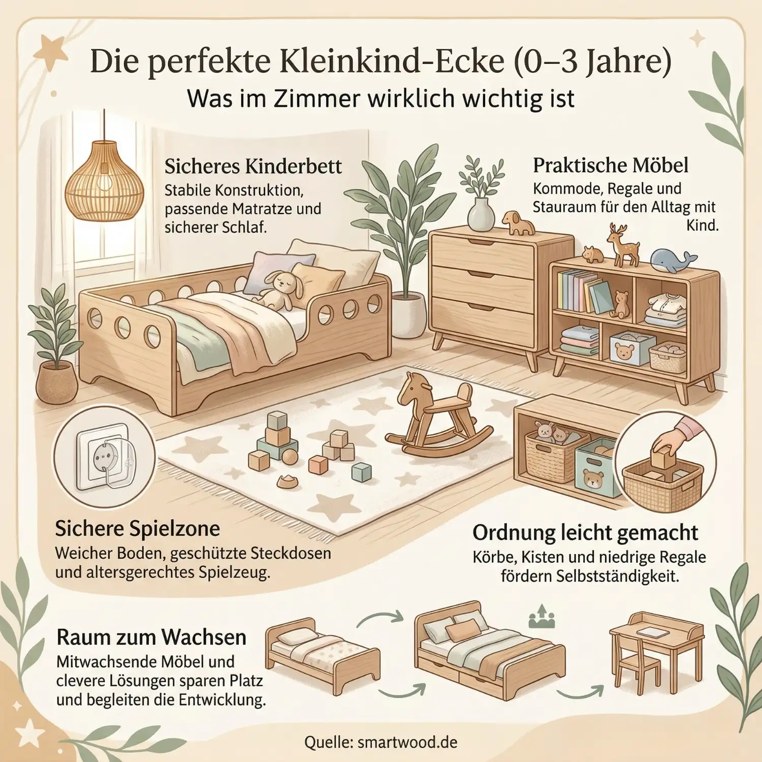 Infografik über die perfekte Kleinkind-Ecke für 0 bis 3 Jahre – sicheres Kinderbett, praktische Möbel, Spielzone und mitwachsende Einrichtung im Kinderzimmer