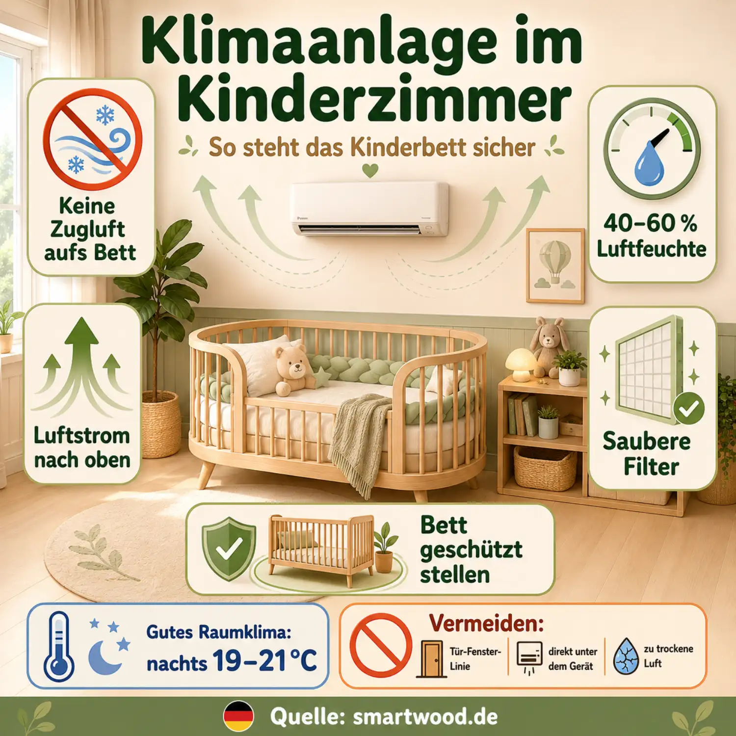 Infografik: Klimaanlage im Kinderzimmer - keine Zugluft aufs Bett, richtige Temperatur, Luftfeuchte und sichere Bettplatzierung.