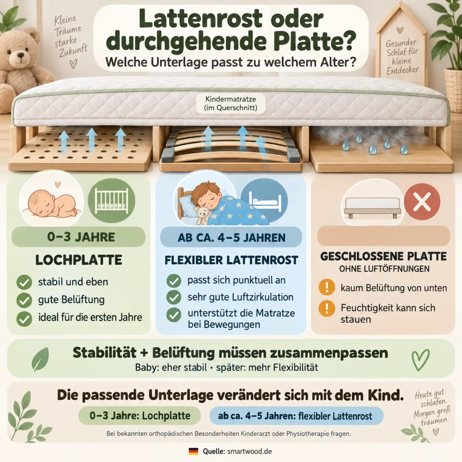Infografik: Lochplatte, flexibler Lattenrost oder geschlossene Platte — welche Unterlage zu welchem Alter passt und wie die Belüftung wirkt.