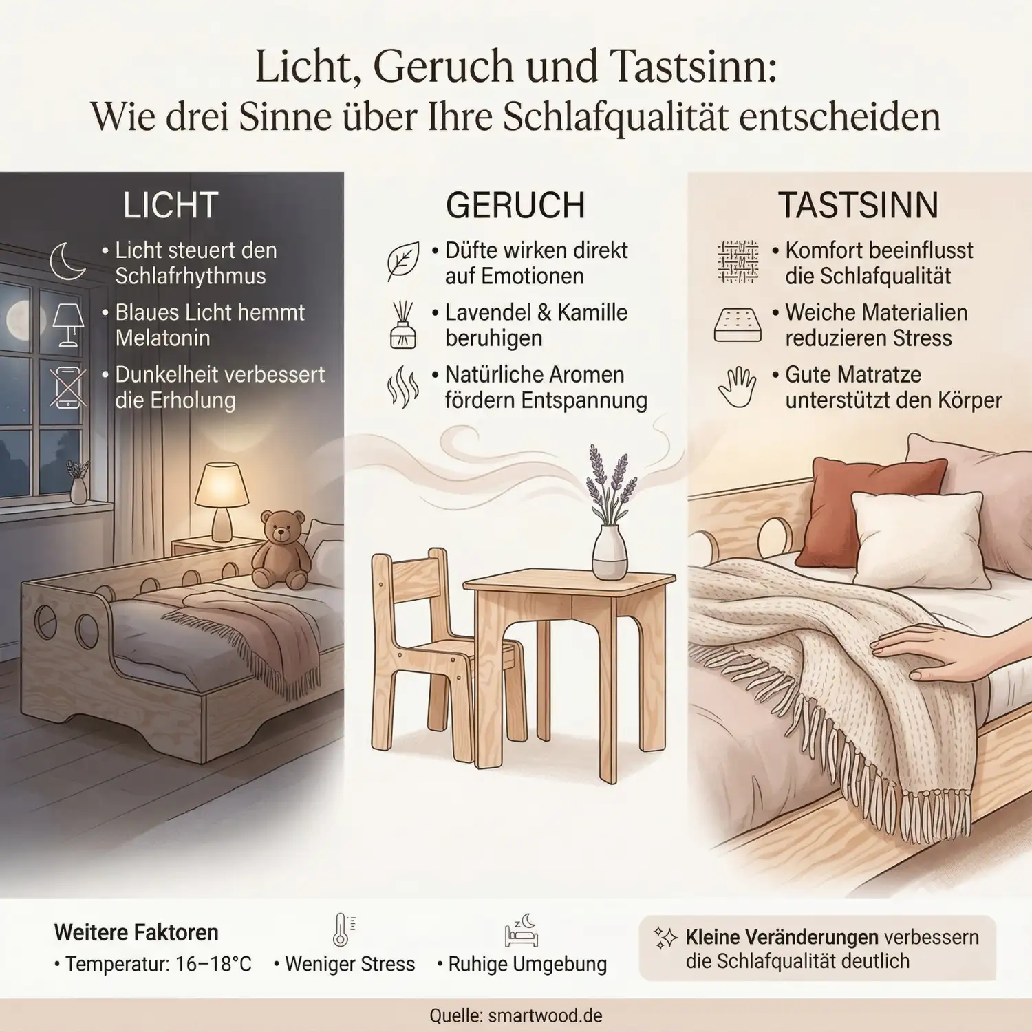 Infografik über drei Sinne, die den Kinderschlaf beeinflussen – Licht, Geruch und Berührung im Kinderzimmer mit Montessori-Bett