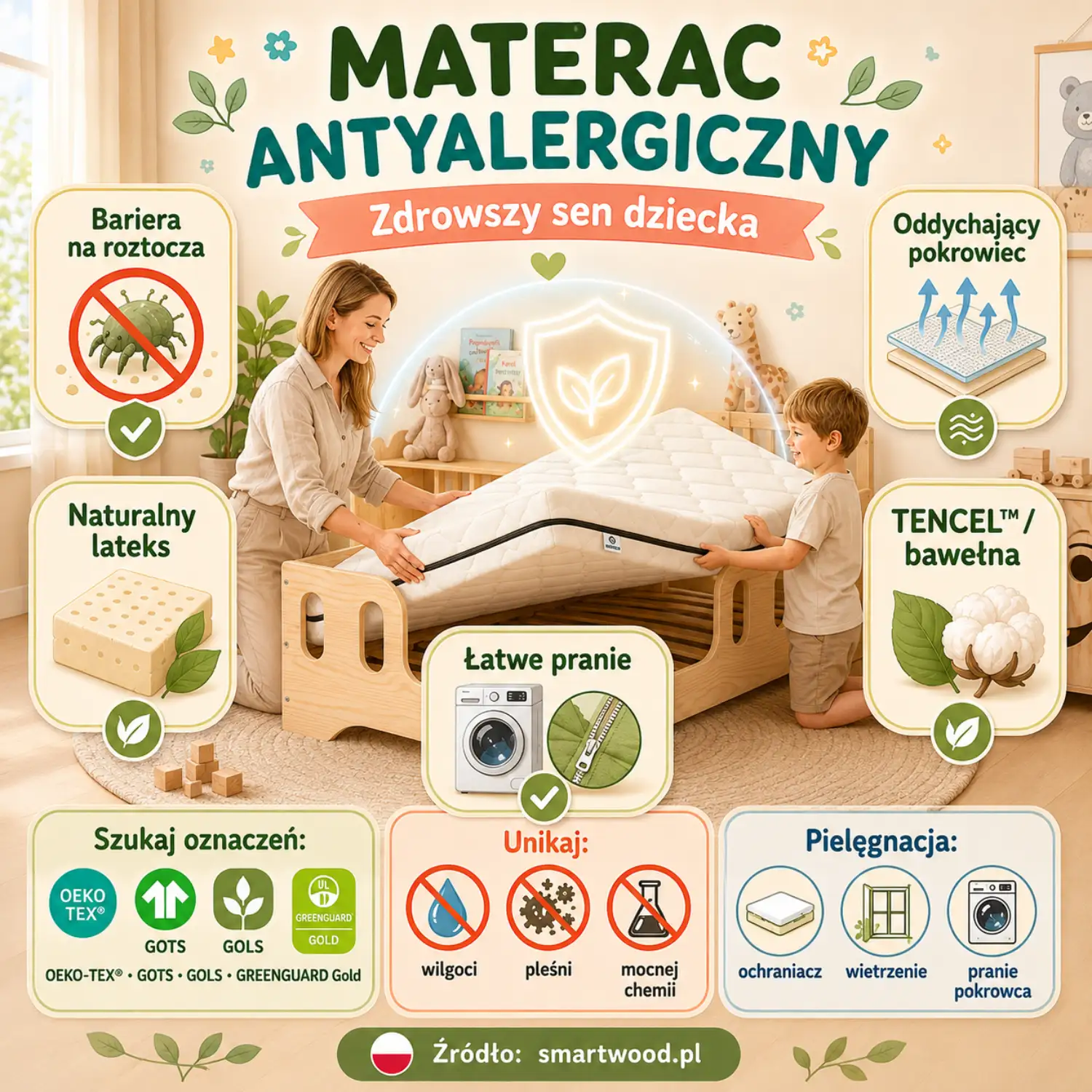 nfografika: materac antyalergiczny dla dziecka - bariera na roztocza, naturalny lateks, oddychający pokrowiec i łatwe pranie