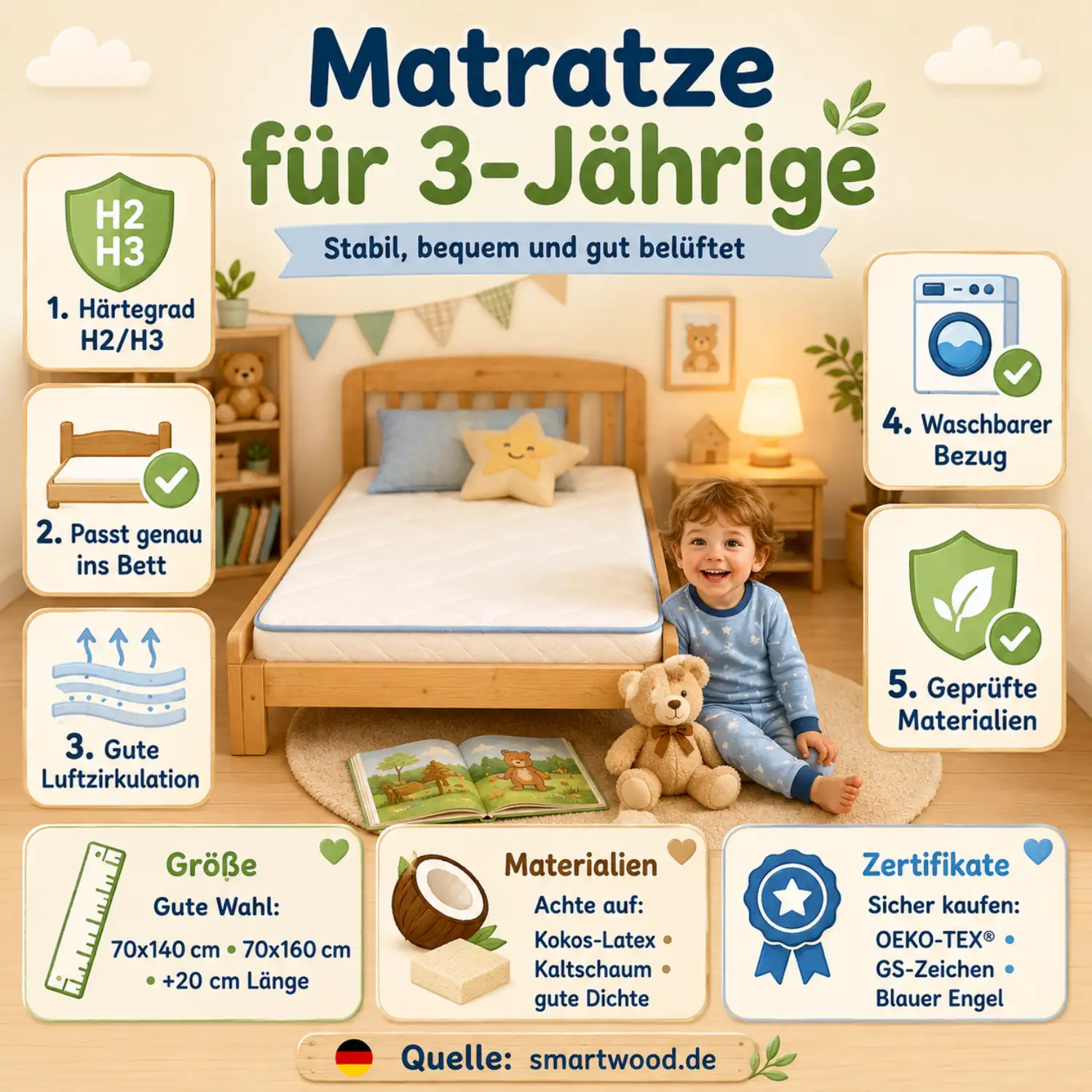  Infografik: Matratze für 3-Jährige - Härtegrad H2/H3, passende Größe, gute Luftzirkulation, waschbarer Bezug und geprüfte Materialien.