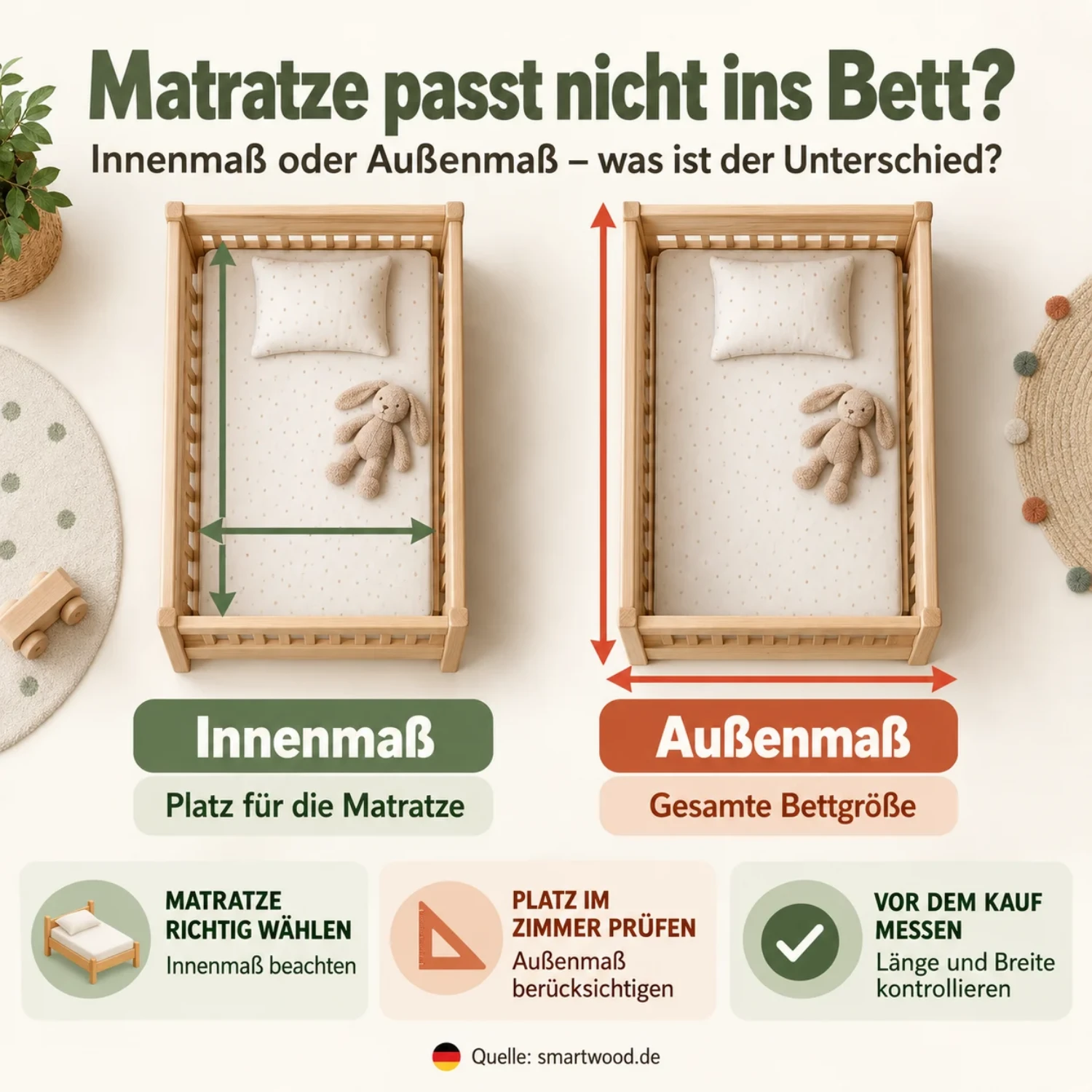 Infografik: Matratze passt nicht ins Bett - Innenmaß ist der Platz für die Matratze, Außenmaß die gesamte Bettgröße; vor dem Kauf Länge und Breite messen.