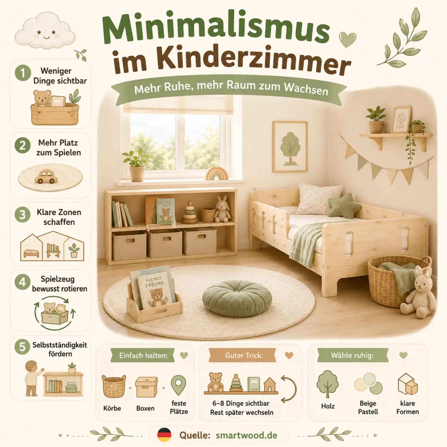 Infografik: Minimalismus im Kinderzimmer — weniger sichtbare Dinge, mehr Platz zum Spielen, klare Zonen und geförderte Selbstständigkeit.