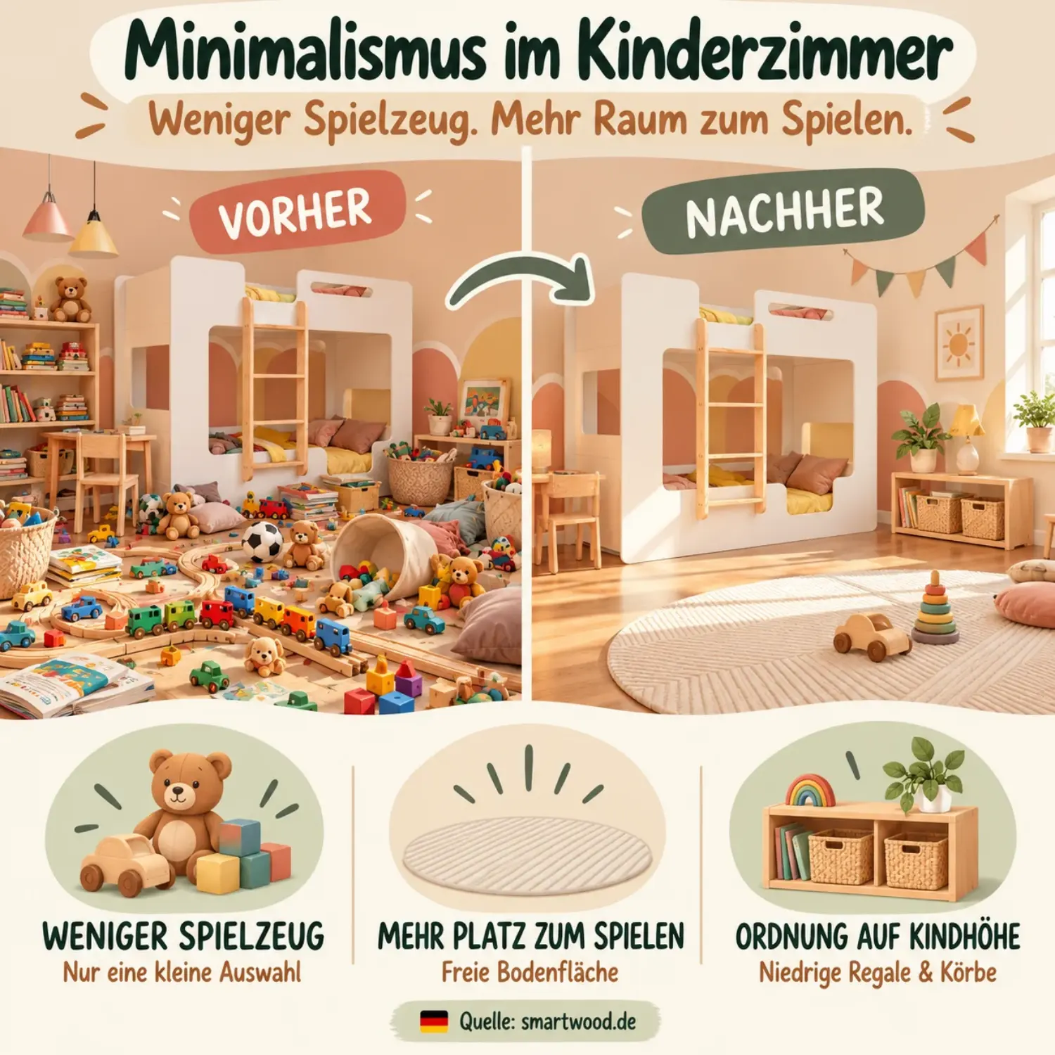 Infografik: Minimalismus im Kinderzimmer im Vorher-nachher-Vergleich - weniger Spielzeug, freie Bodenfläche und Ordnung auf Kindhöhe.