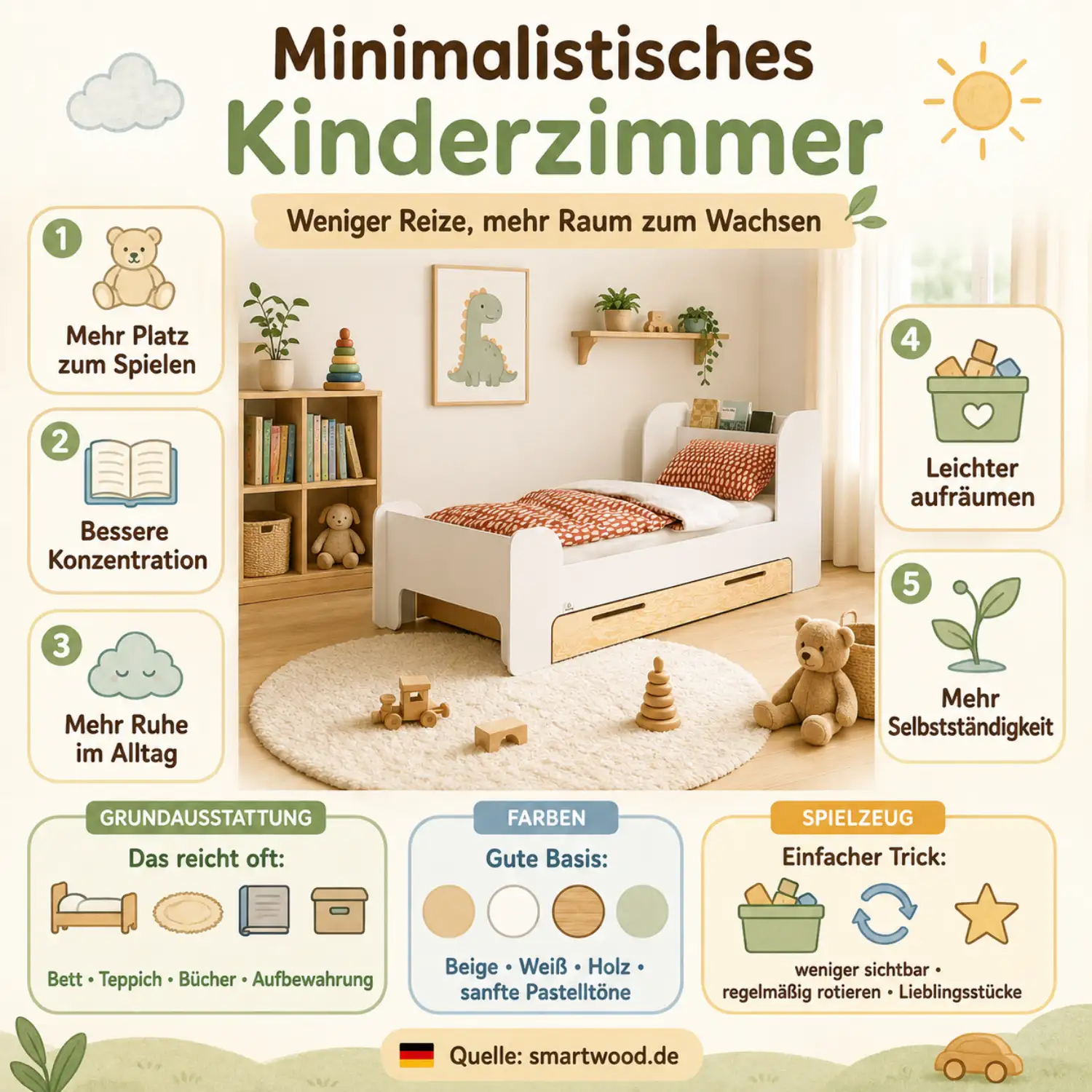 Infografik: minimalistisches Kinderzimmer - mehr Platz zum Spielen, bessere Konzentration, mehr Ruhe und Selbstständigkeit.