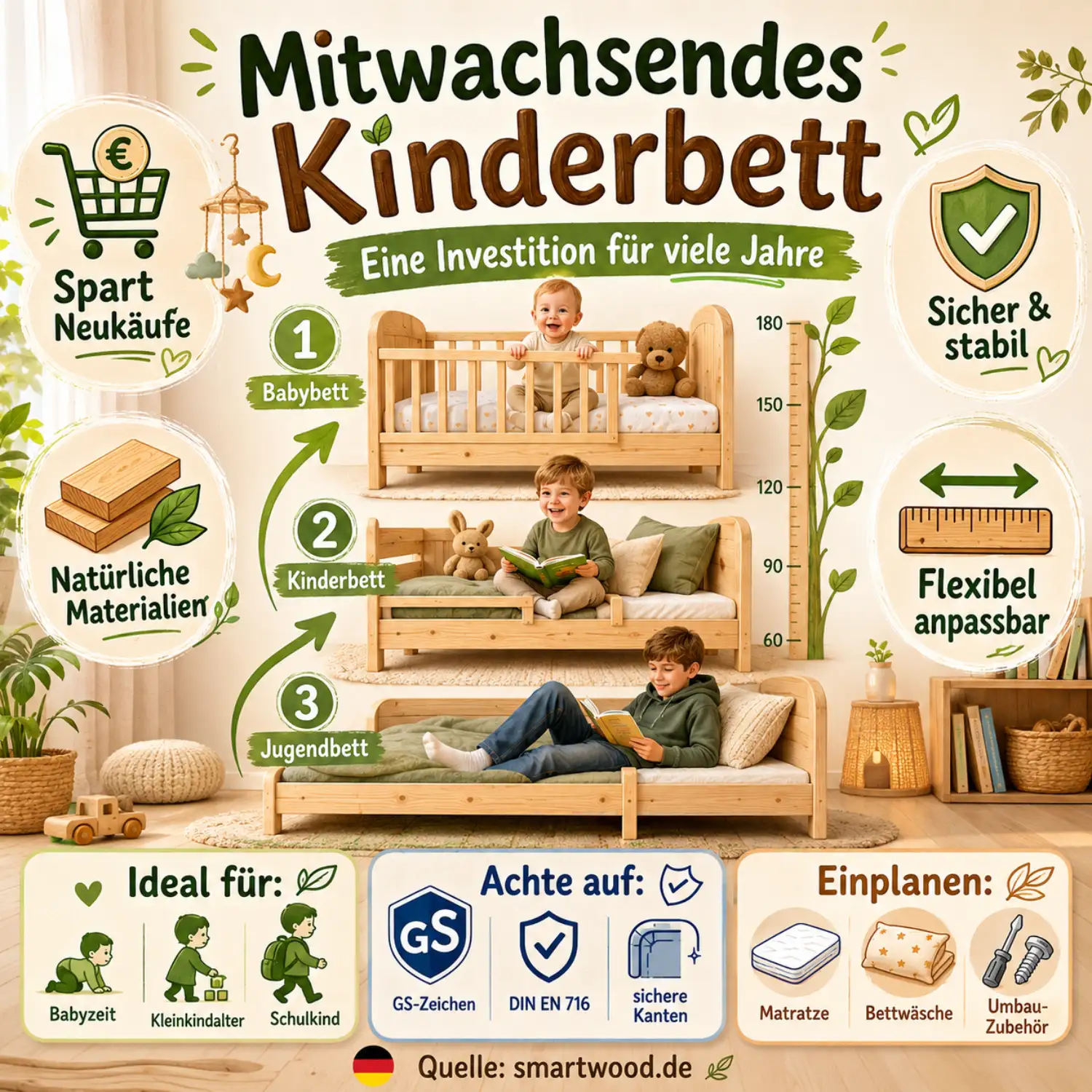 Infografik: mitwachsendes Kinderbett - spart Neukäufe, natürliche Materialien, sicher, stabil und flexibel anpassbar.