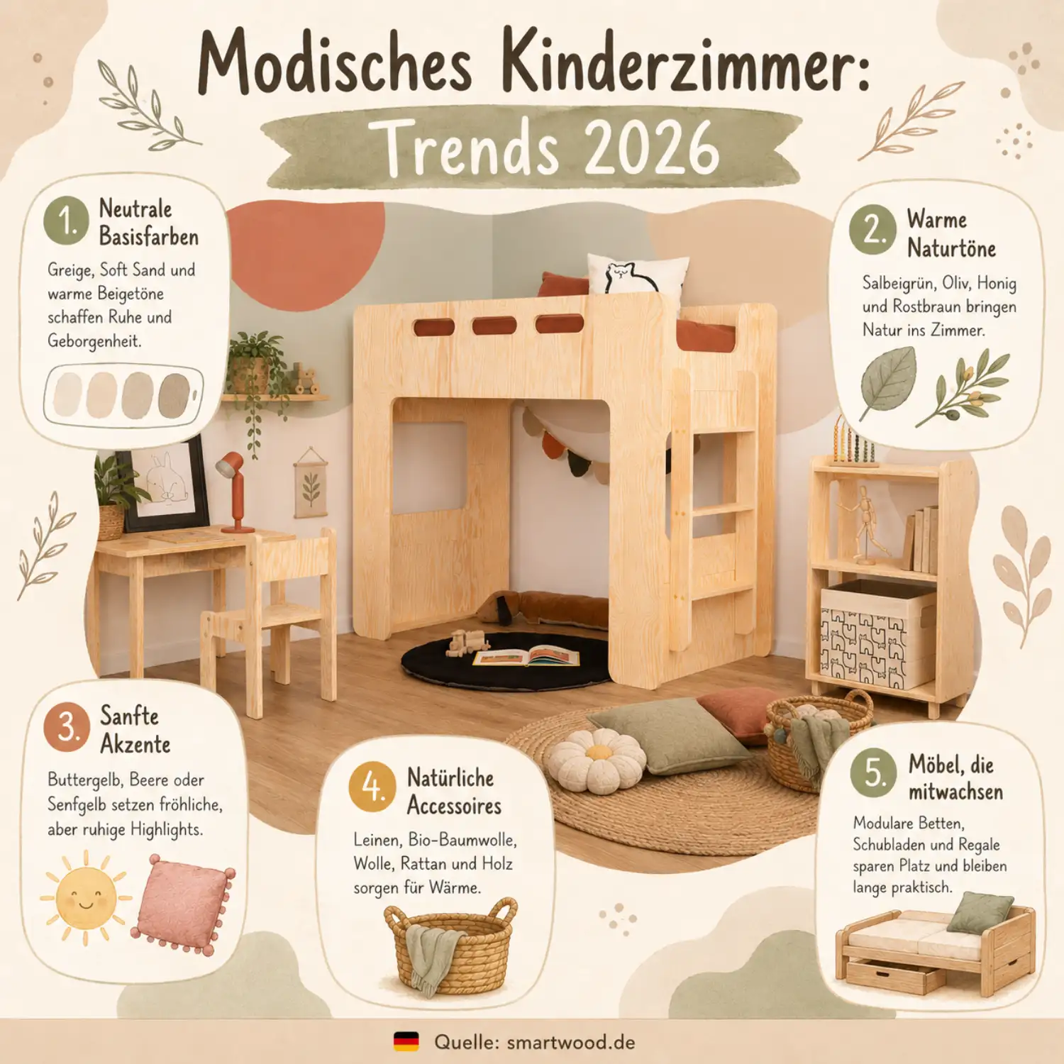 Smartwood-Infografik - modisches Kinderzimmer Trends 2026: neutrale Basisfarben, warme Naturtöne, sanfte Akzente und mitwachsende Möbel.