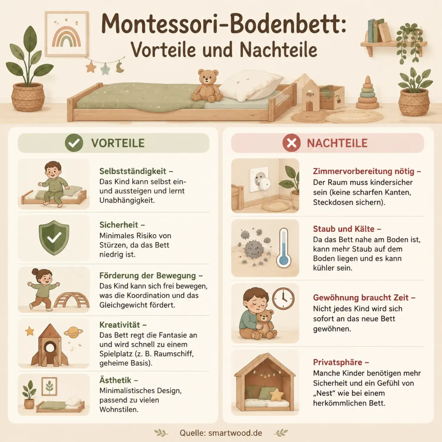 Smartwood-Infografik - Montessori-Bodenbett: Vorteile (Selbstständigkeit, Sicherheit, Bewegungsförderung) und Nachteile (Staub, Kälte, Eingewöhnung).