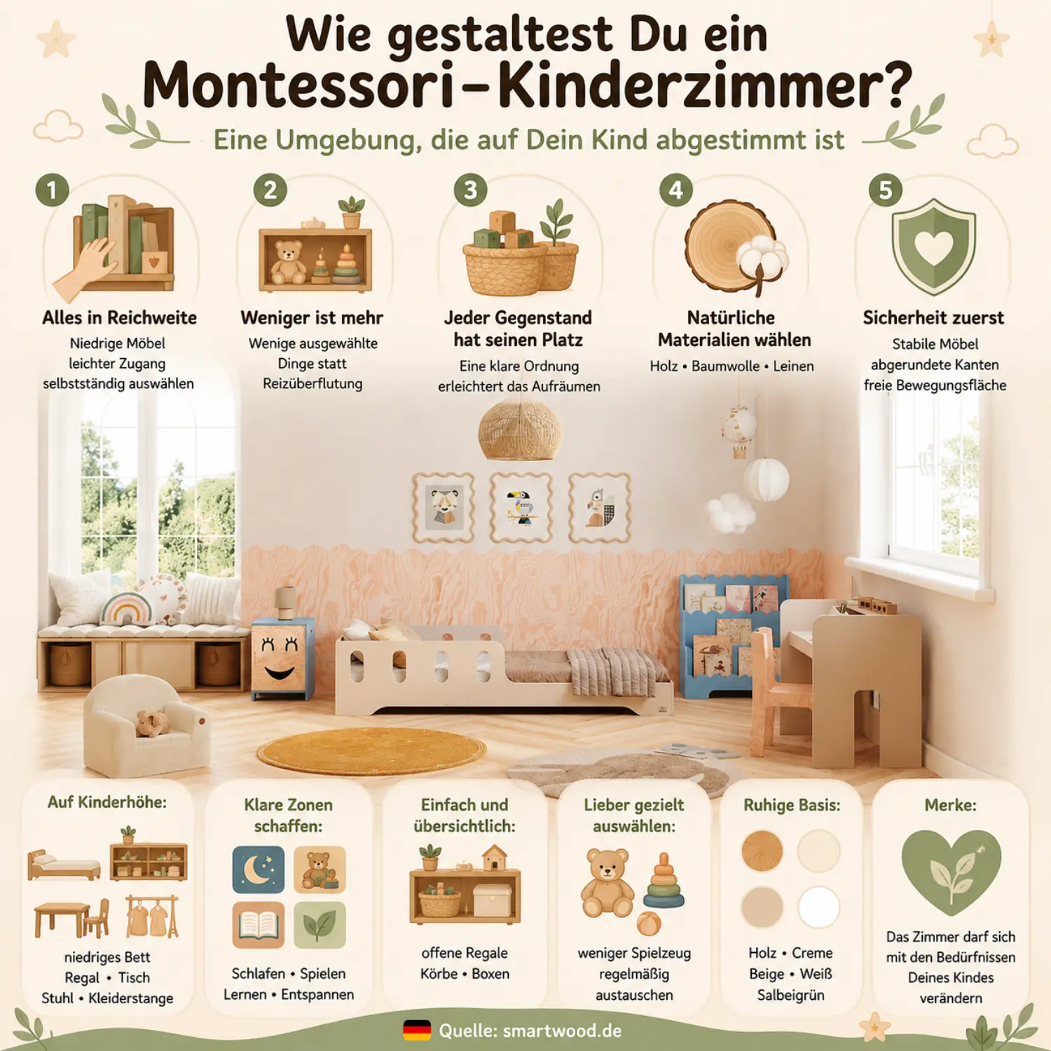 Kinderbett TILA 2 aus Kiefernsperrholz mit umlaufendem Rausfallschutz und Einstieg links, Mädchen baut mit Holzklötzen auf dem Teppich.