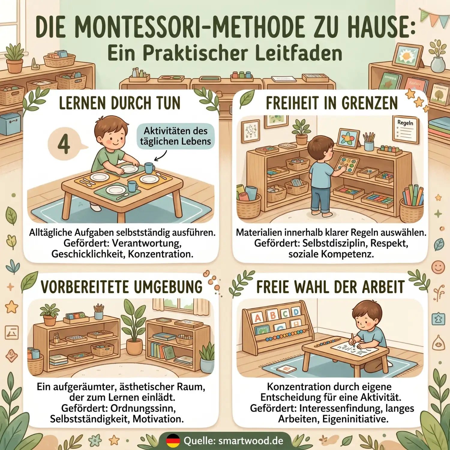 Infografik über die Montessori-Methode zu Hause – Lernen durch Tun, Freiheit in Grenzen, vorbereitete Umgebung und freie Wahl der Arbeit als praktischer Leitfaden für Eltern