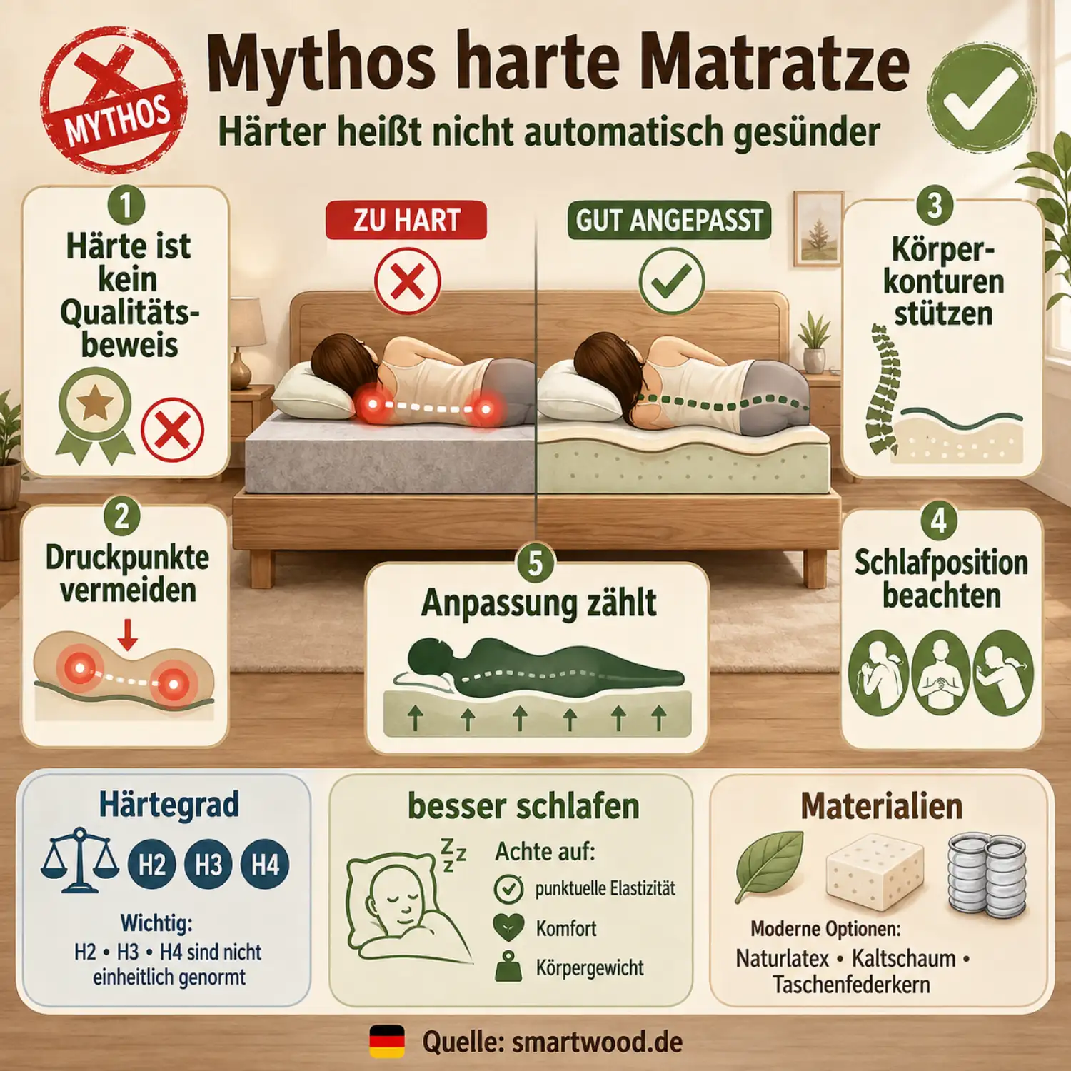 Infografik: Mythos harte Matratze - Härte ist kein Qualitätsbeweis, Druckpunkte vermeiden, Körperkonturen stützen und Anpassung zählt.