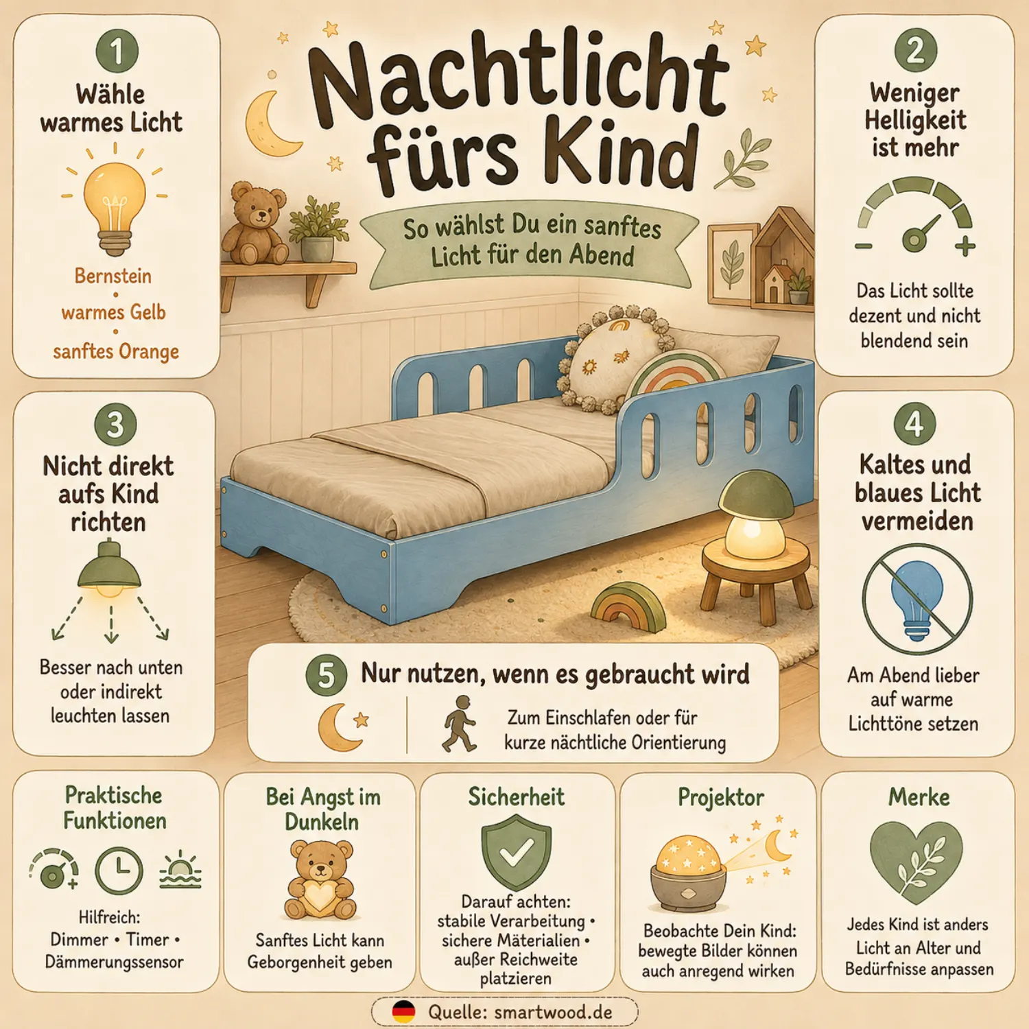 Infografik: Nachtlicht fürs Kind - warmes Licht, wenig Helligkeit, nicht direkt aufs Kind richten und kaltes Licht vermeiden.