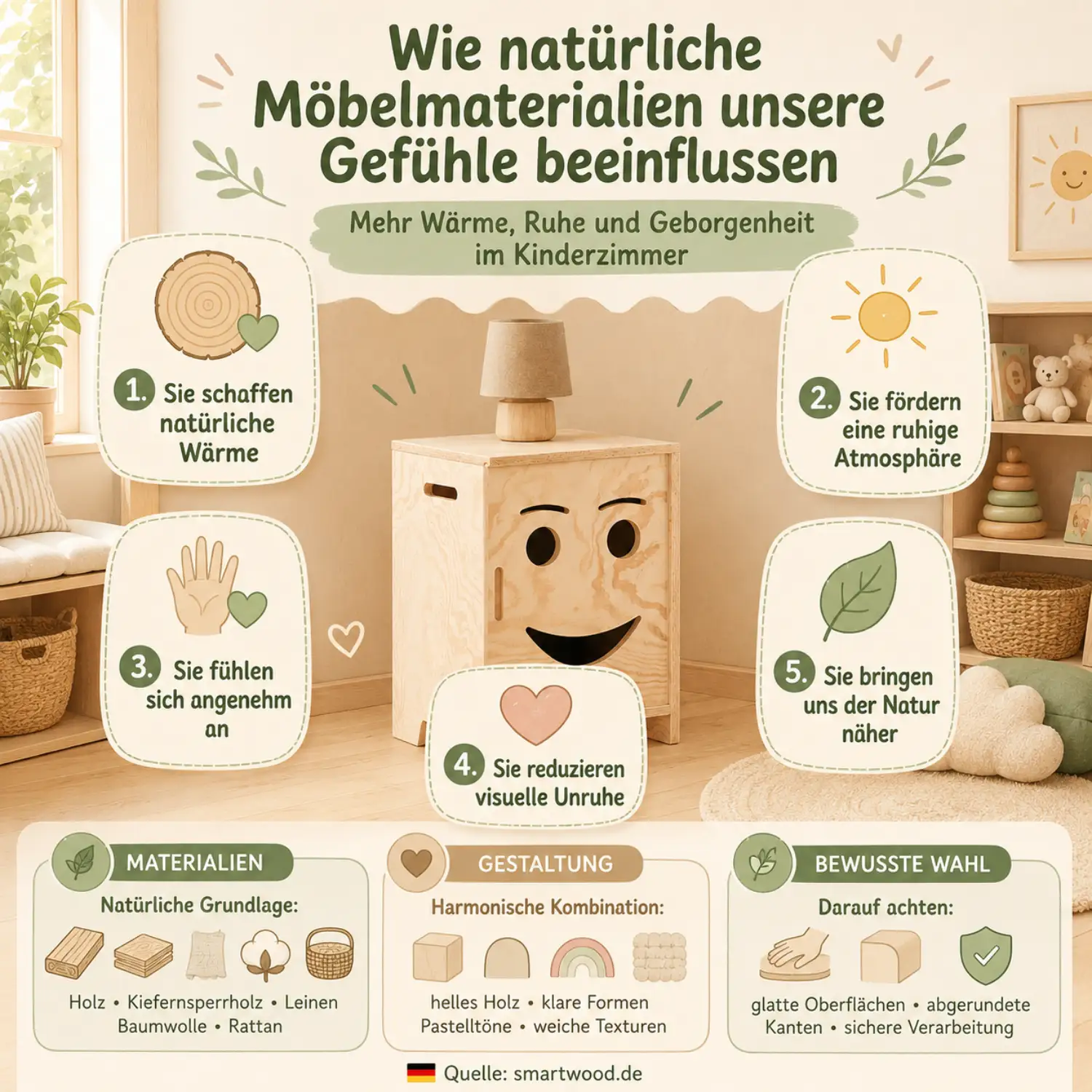 Infografik: natürliche Möbelmaterialien und Gefühle - natürliche Wärme, ruhige Atmosphäre, angenehme Haptik, weniger Unruhe und Naturnähe.