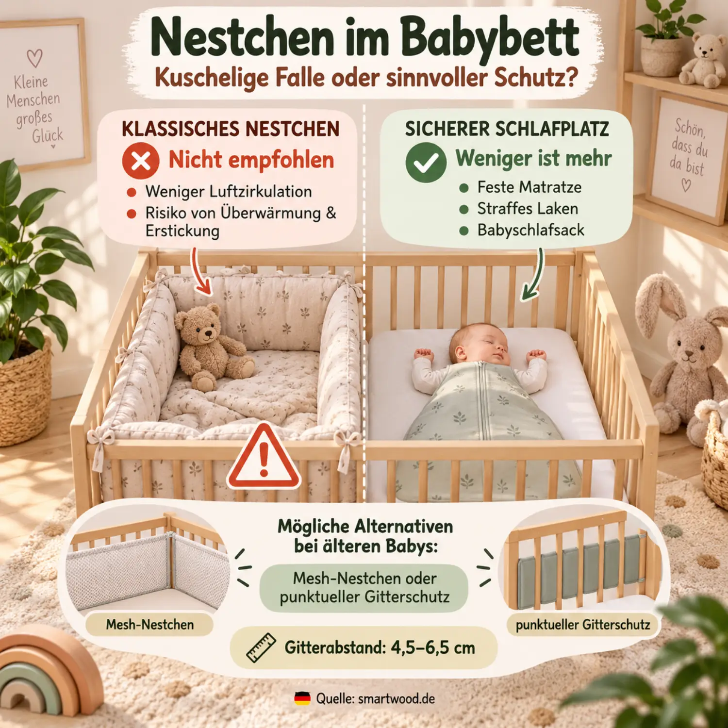 Infografik: Nestchen im Babybett - klassisches Nestchen nicht empfohlen, sicherer Schlafplatz, Mesh-Nestchen und Gitterschutz.