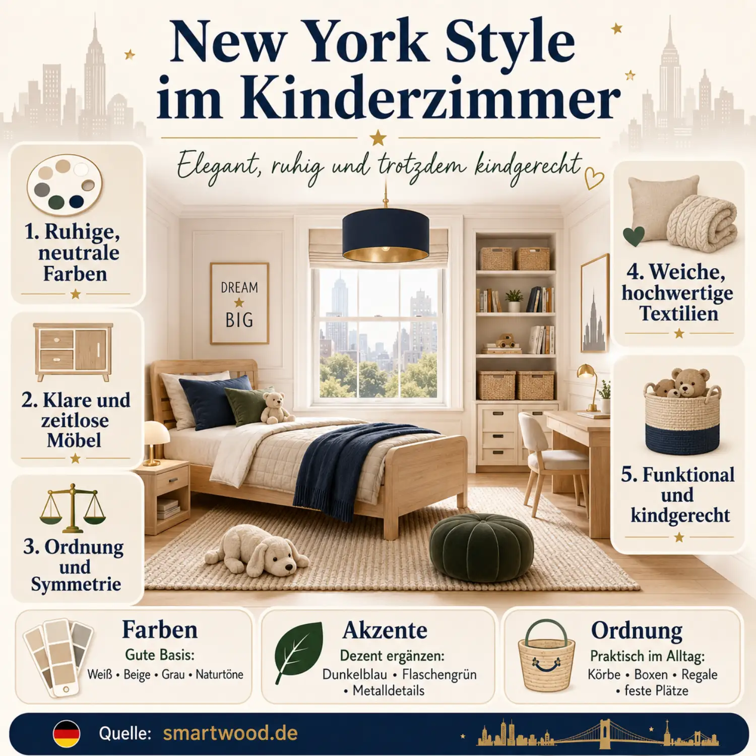 Infografik: New York Style im Kinderzimmer - ruhige Farben, zeitlose Möbel, Symmetrie, weiche Textilien und kindgerechte Ordnung.