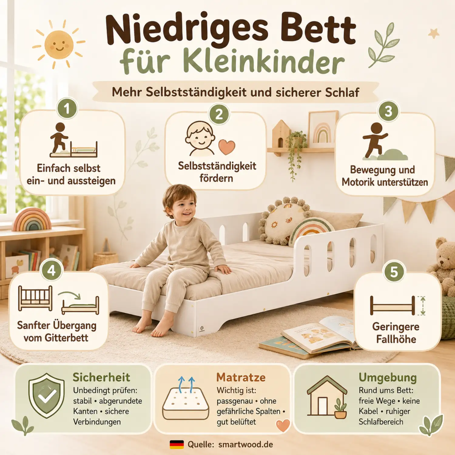 nfografik: niedriges Bett für Kleinkinder - leichtes Ein- und Aussteigen, mehr Selbstständigkeit, Bewegung, sanfter Übergang und Sicherheit.