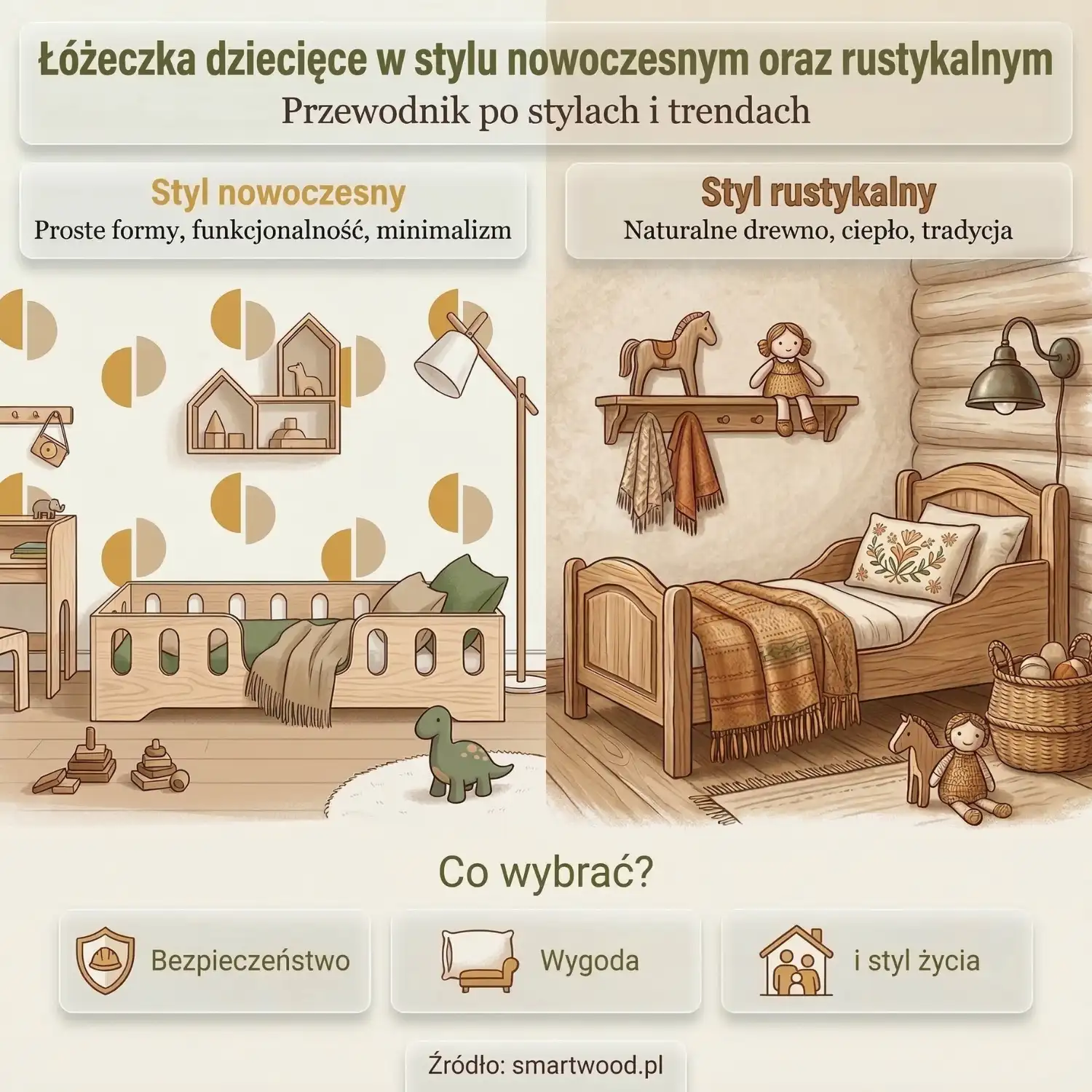 Łóżeczka dziecięce nowoczesne i rustykalne – porównanie stylów łóżek dziecięcych z drewna i sklejki w pokoju dziecka.