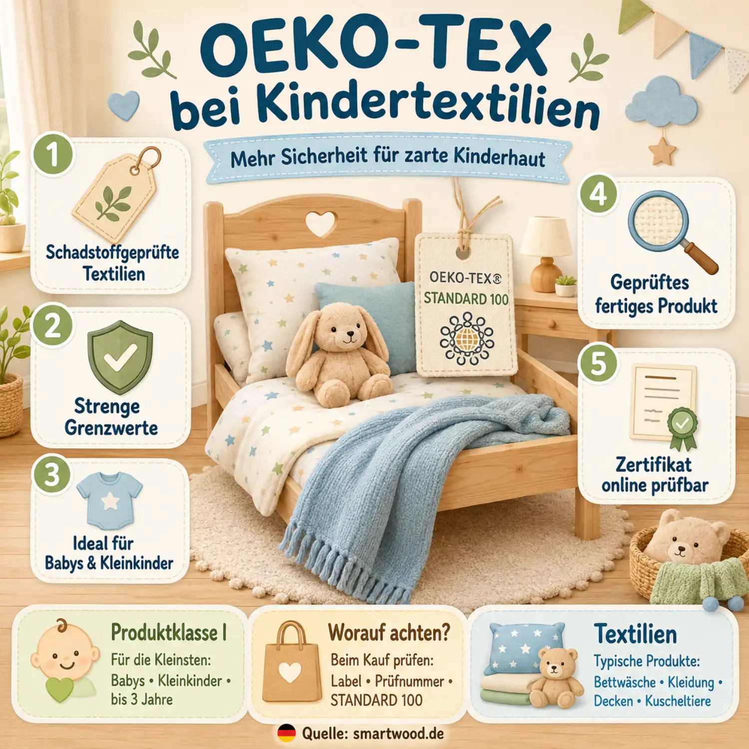 Infografik: OEKO-TEX Standard 100 bei Kindertextilien - schadstoffgeprüfte Textilien, strenge Grenzwerte, Produktklasse I und prüfbares Zertifikat.