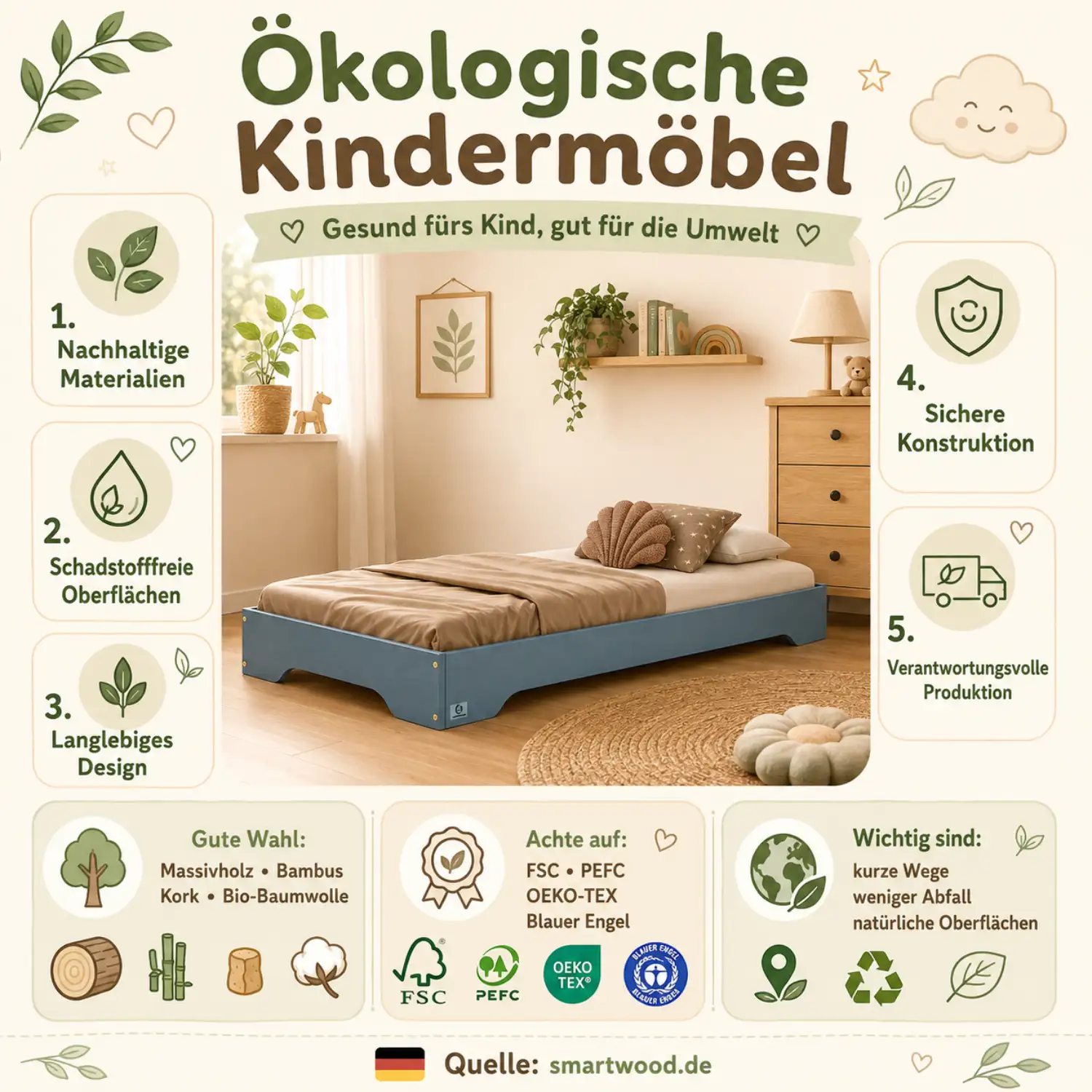 Infografik: ökologische Kindermöbel - nachhaltige Materialien, schadstofffreie Oberflächen, sichere Konstruktion und verantwortungsvolle Produktion.