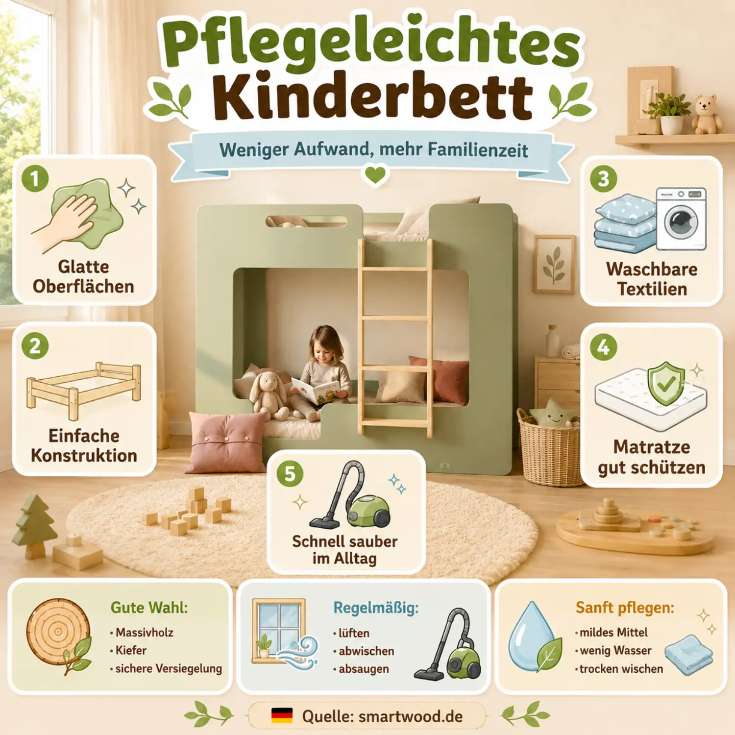 Infografik: pflegeleichtes Kinderbett - glatte Oberflächen, einfache Konstruktion, waschbare Textilien und geschützte Matratze.