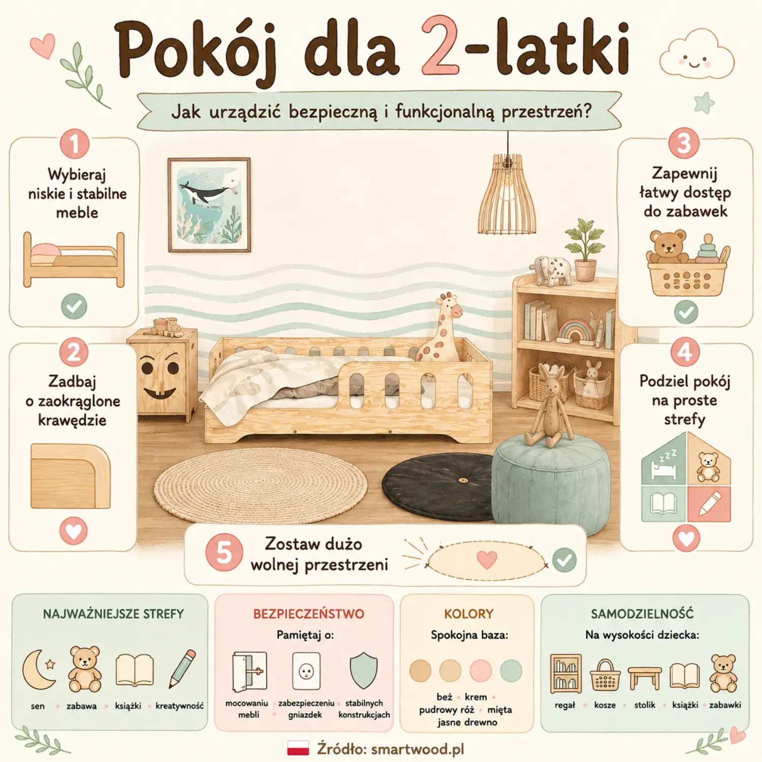 Infografika: pokój dla 2-latki - niskie stabilne meble, zaokrąglone krawędzie, łatwy dostęp do zabawek i podział na strefy.