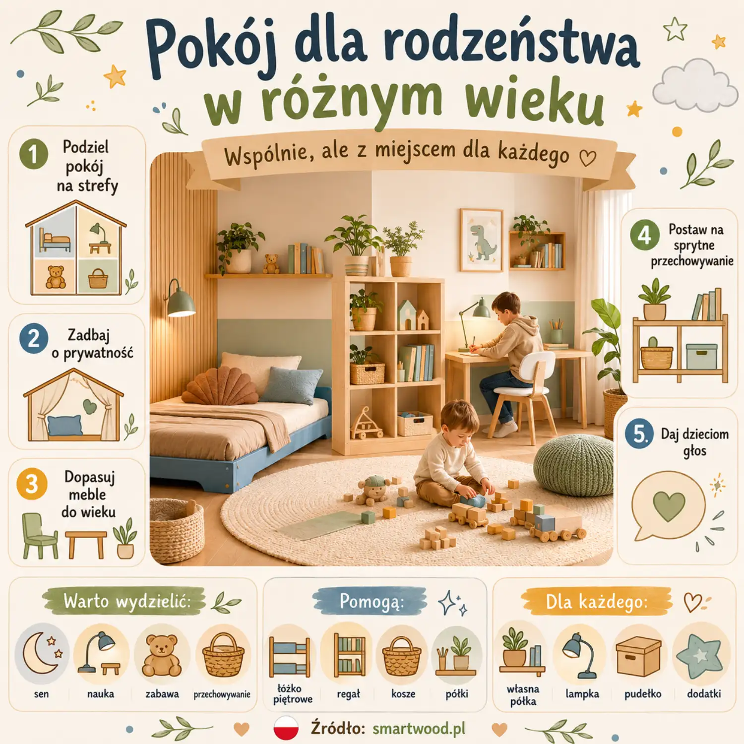 Infografik: Geschwisterzimmer mit Altersunterschied - klare Zonen, eigene Bereiche, altersgerechte Möbel und clevere Stauraumnutzung.