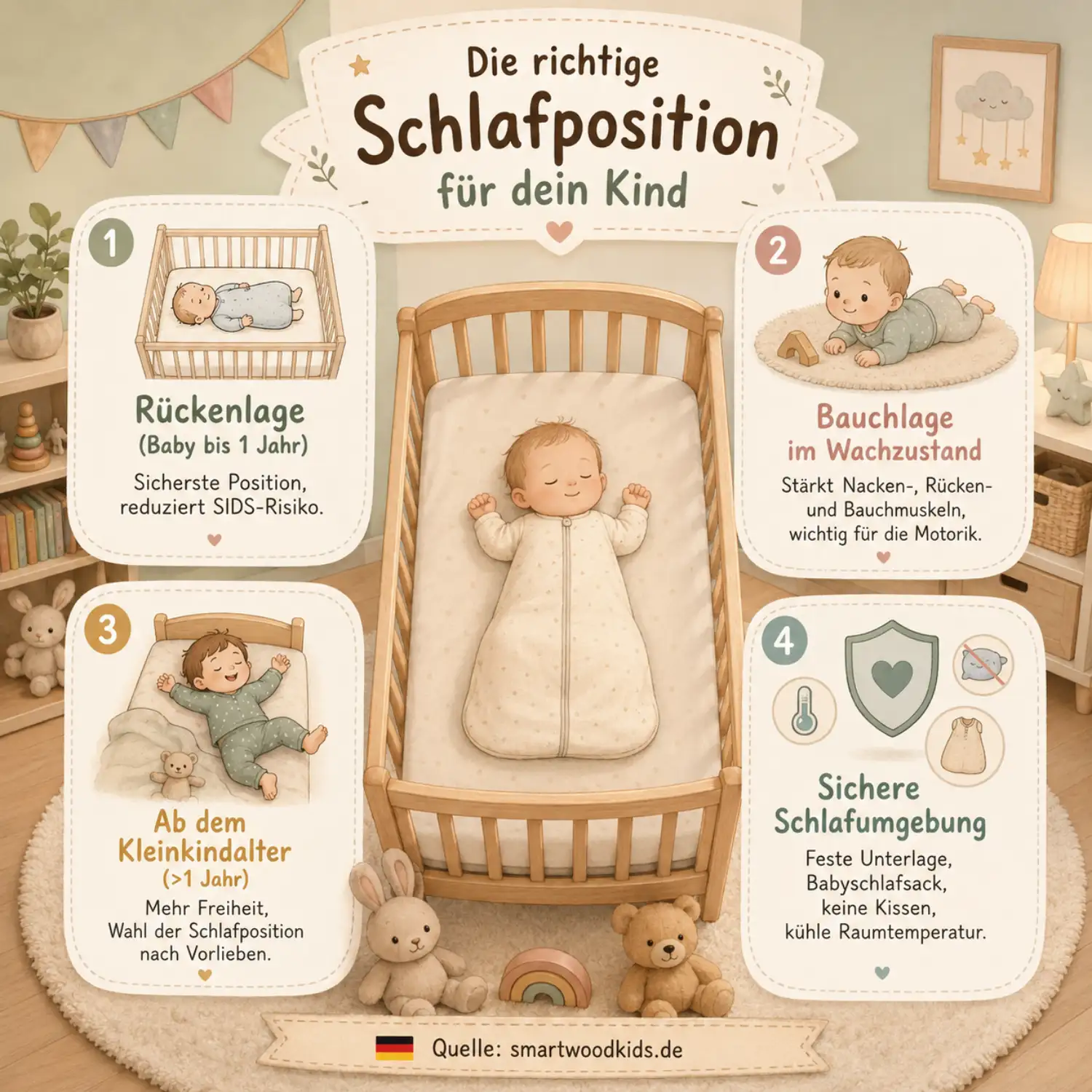 Smartwood-Infografik - die richtige Schlafposition für dein Kind: Rückenlage, Bauchlage im Wachzustand, Kleinkindalter und sichere Schlafumgebung.
