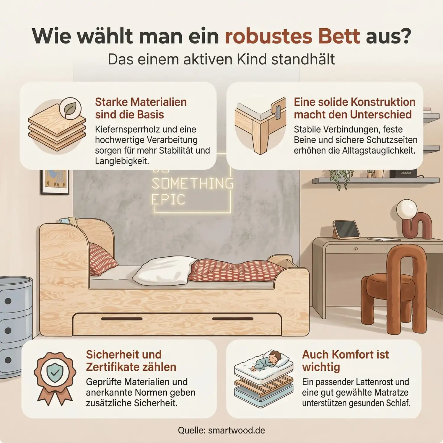 Infografik zur Auswahl eines robusten Kinderbetts – starke Materialien, solide Konstruktion, Sicherheitszertifikate und Komfort für aktive Kinder