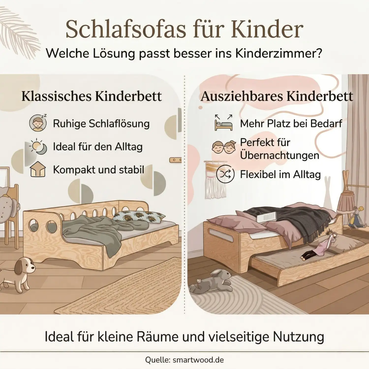 Schlafsofas für Kinder: Welche Lösung passt besser ins Kinderzimmer? Vergleich zwischen klassischem und ausziehbarem Kinderbett – ideal für kleine Räume und vielseitige Nutzung. Quelle: smartwood.de