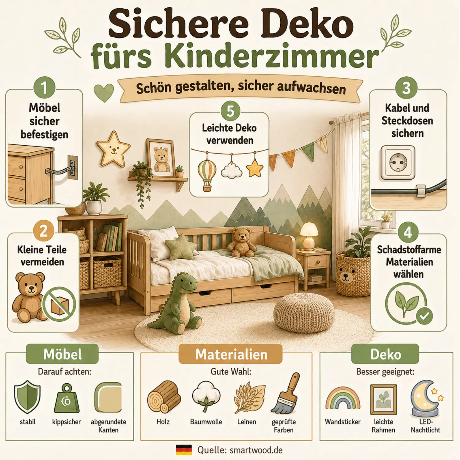 Infografik: sichere Deko fürs Kinderzimmer — Möbel sicher befestigen, kleine Teile vermeiden, Kabel sichern, schadstoffarme Materialien und leichte Deko.