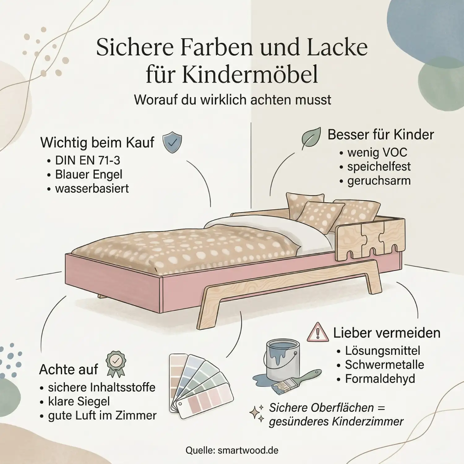 Infografik über sichere Farben und Lacke für Kindermöbel – worauf Eltern beim Kauf achten sollten, mit Montessori-Bett im Kinderzimmer