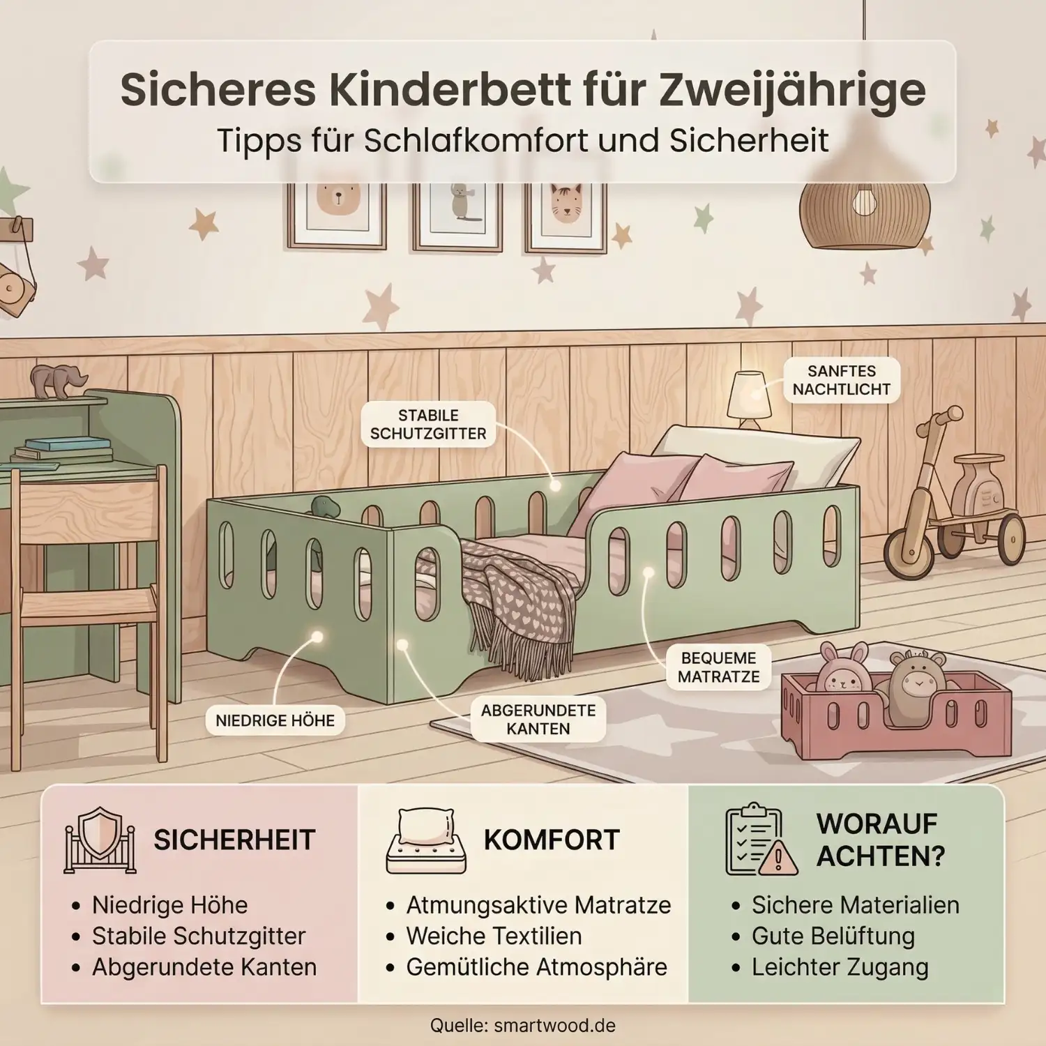 Infografik sicheres Kinderbett für Zweijährige – Tipps zu Sicherheit, Komfort und worauf man achten sollte