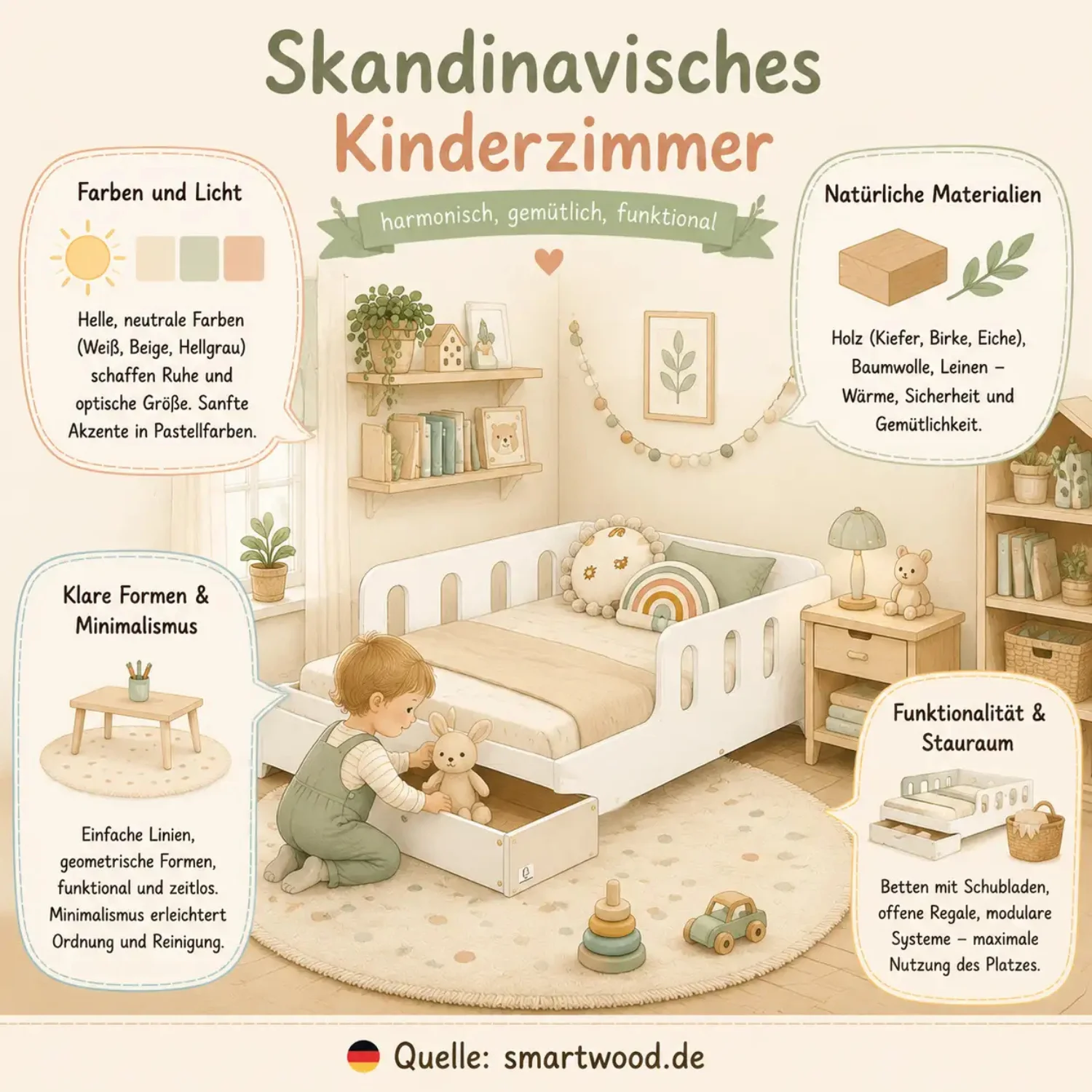 Infografik: harmonisches, gemütliches und funktionales Kinderzimmer im skandinavischen Stil - helle Farben, Holz und cleverer Stauraum. smartwood.de