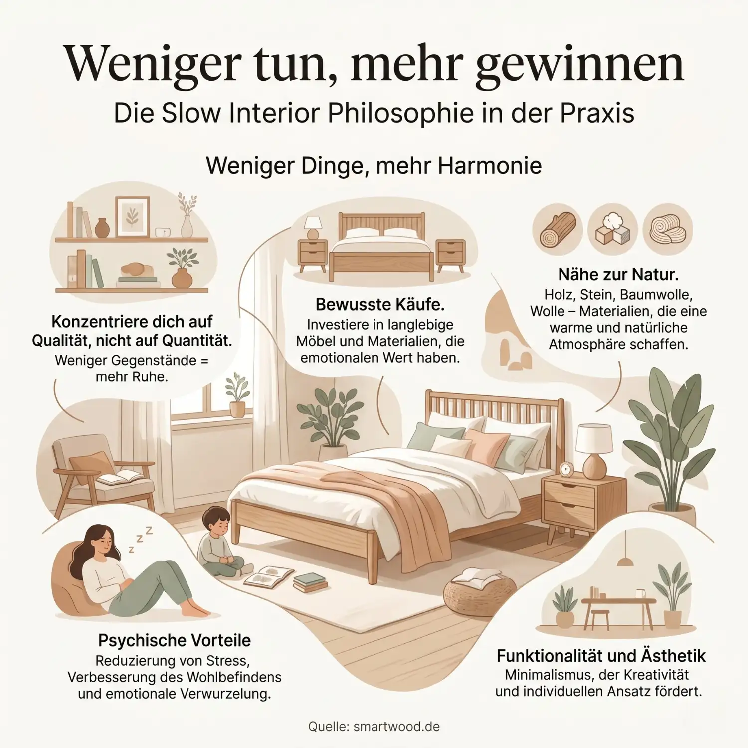Infografik über die Slow Interior Philosophie im Kinderzimmer – bewusste Käufe, Nähe zur Natur, psychische Vorteile und Minimalismus mit Funktionalität und Ästhetik