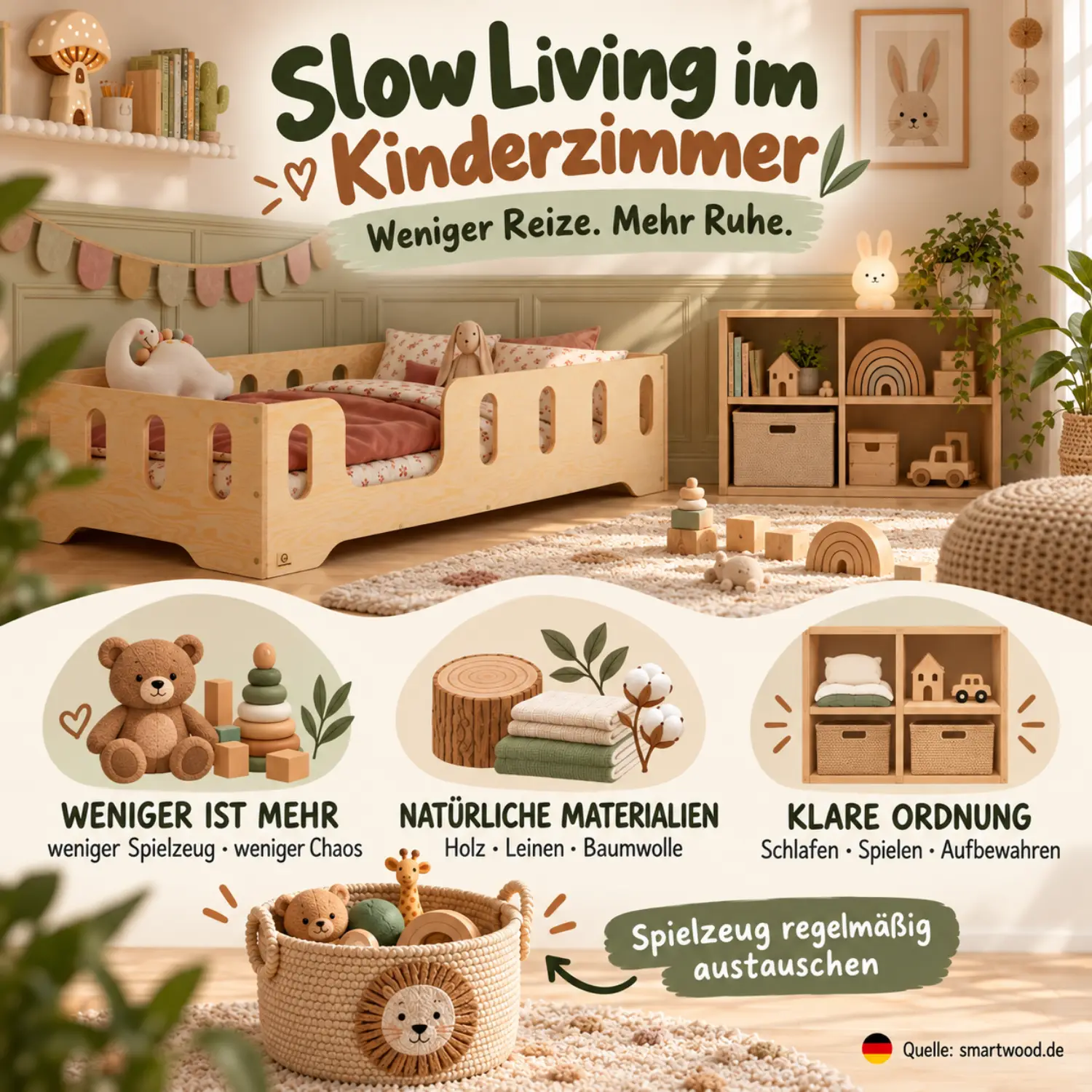 Infografik: Slow Living im Kinderzimmer - weniger Spielzeug, natürliche Materialien, klare Zonen und regelmäßiger Spielzeugwechsel.