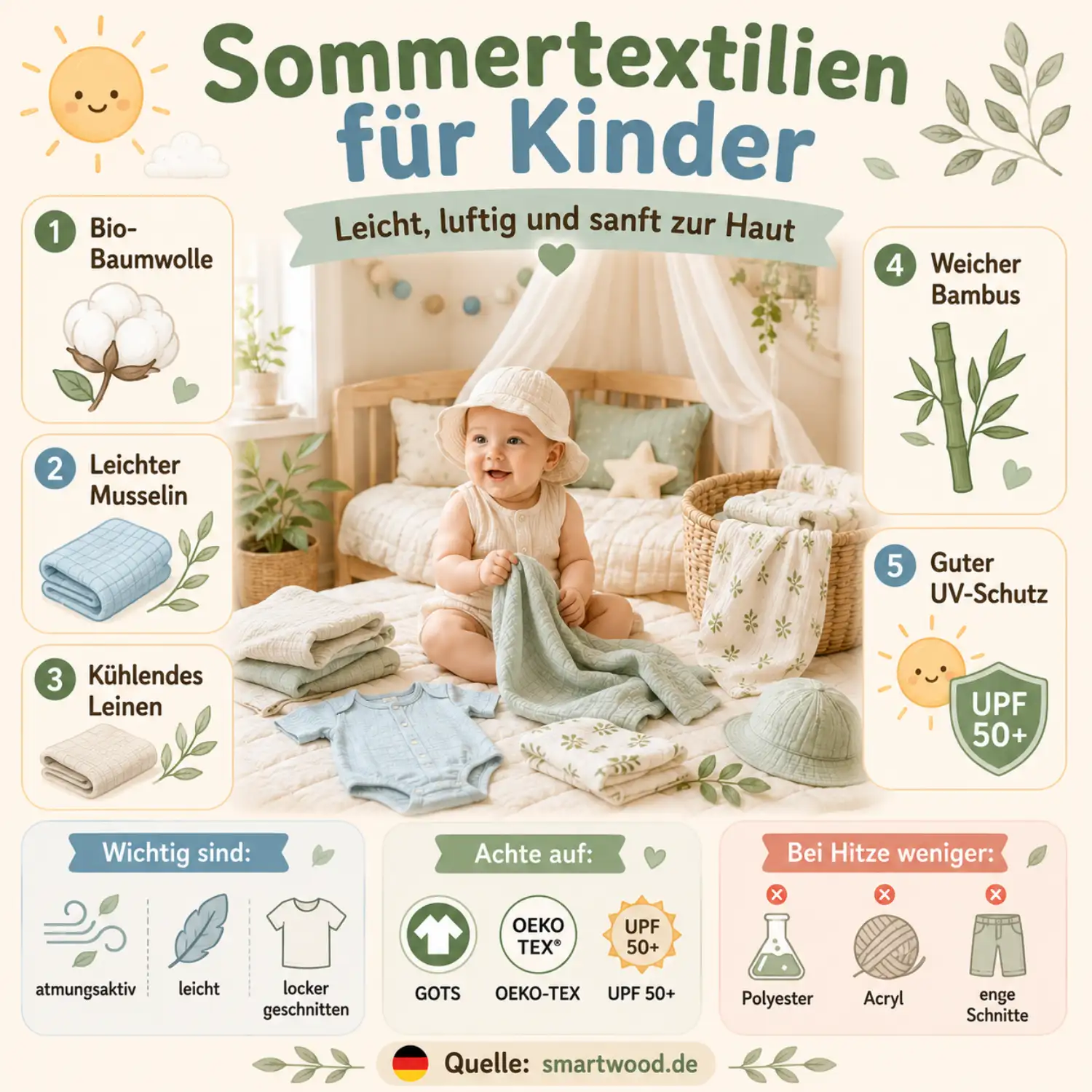 Infografik: Sommertextilien für Kinder - Bio-Baumwolle, leichter Musselin, kühlendes Leinen, weicher Bambus und guter UV-Schutz.