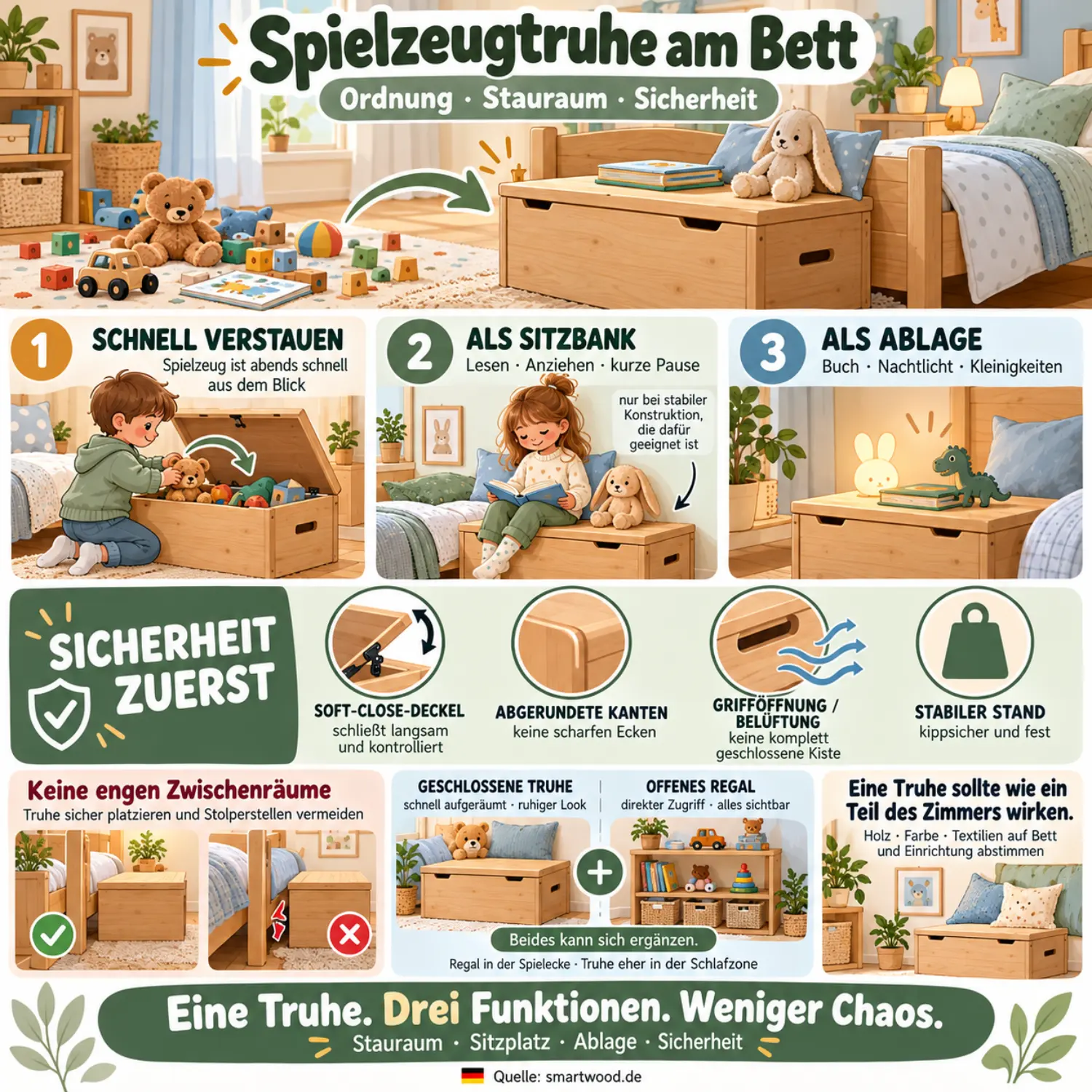 Infografik: Spielzeugtruhe am Bett - schnell verstauen, als Sitzbank und Ablage, dazu Soft-Close-Deckel, runde Kanten und Belüftung.
