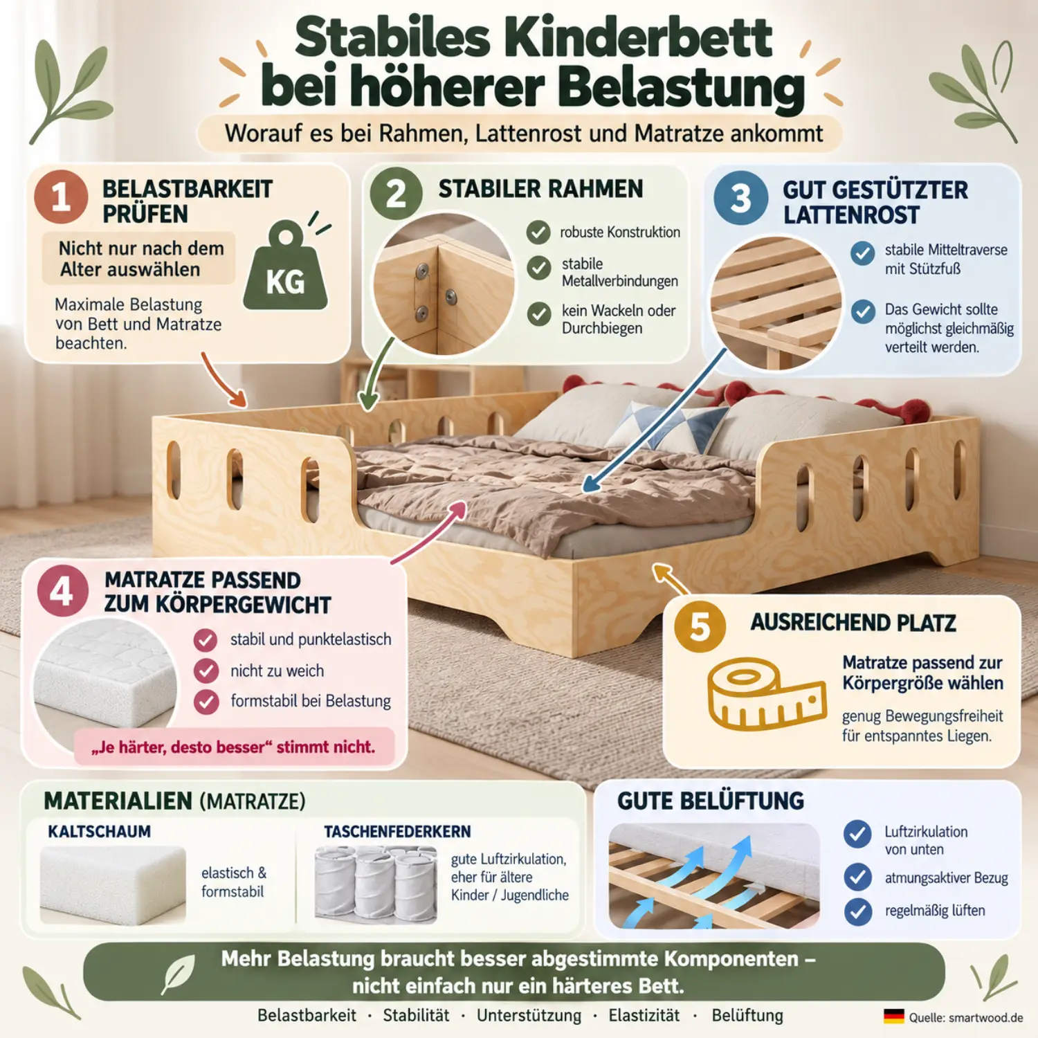 Infografik: stabiles Kinderbett bei höherer Belastung — Belastbarkeit, Rahmen, Lattenrost, Matratze nach Körpergewicht und Belüftung.