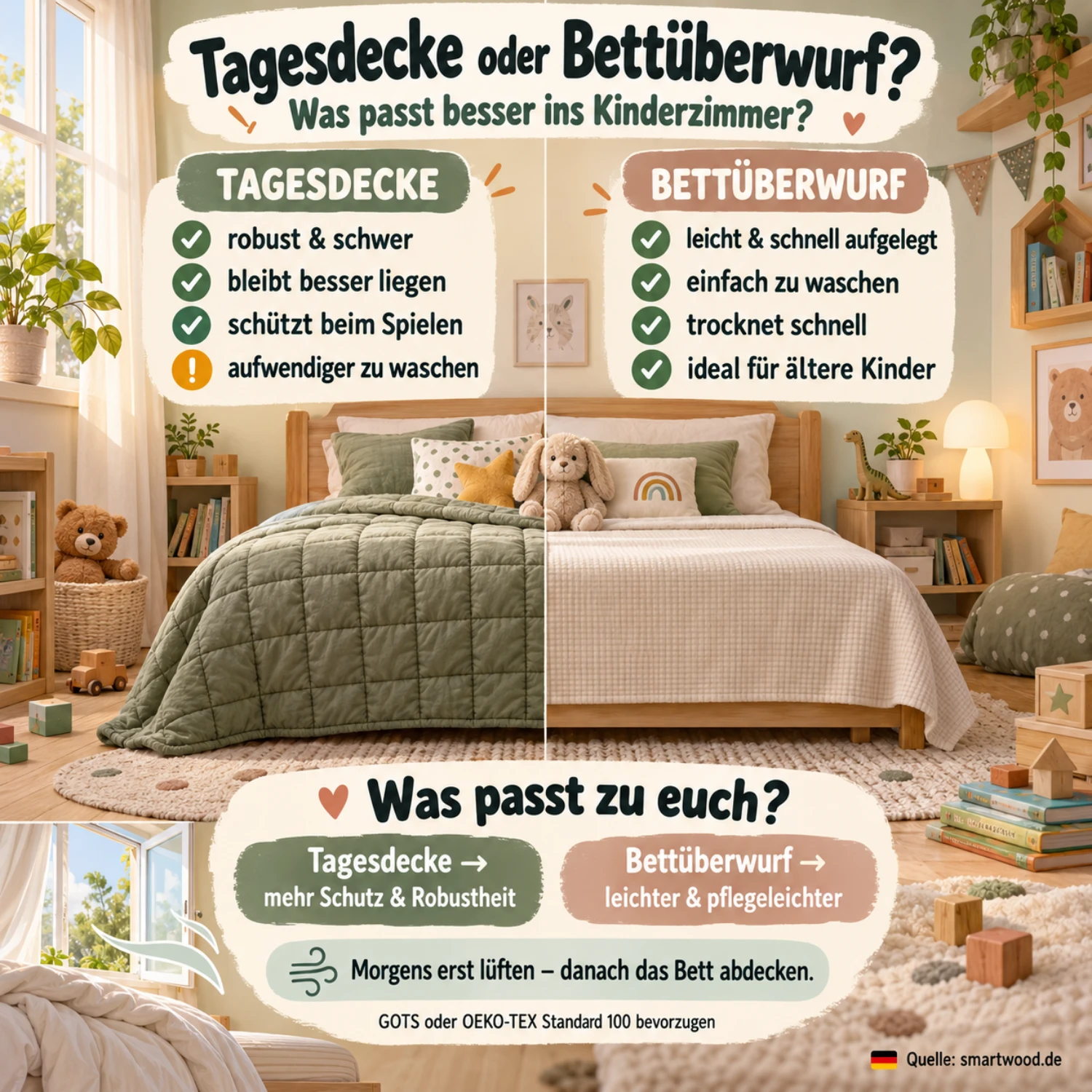 Infografik: Tagesdecke oder Bettüberwurf im Kinderzimmer — Vergleich von Robustheit, Pflege, Trocknungszeit und Alltagstauglichkeit.